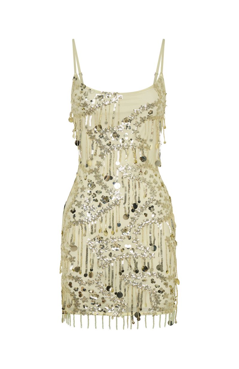 White Fox Decadent Daze Beaded Mini Dress Lemon