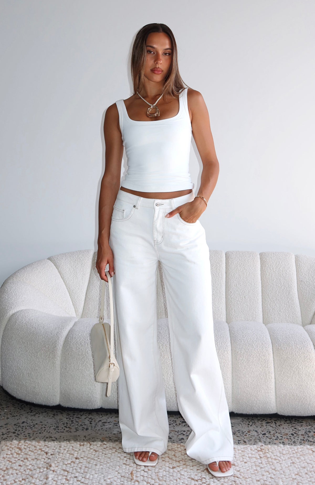 White Fox Just My Type Mid Rise Wide Leg Jeans Off White