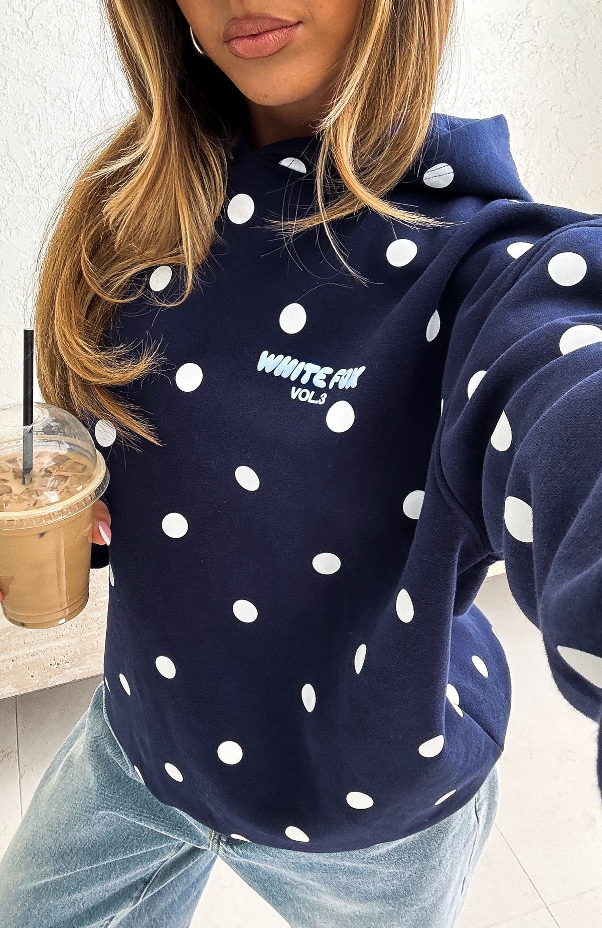 White Fox Offstage Printed Oversized Hoodie Navy Polka Dot