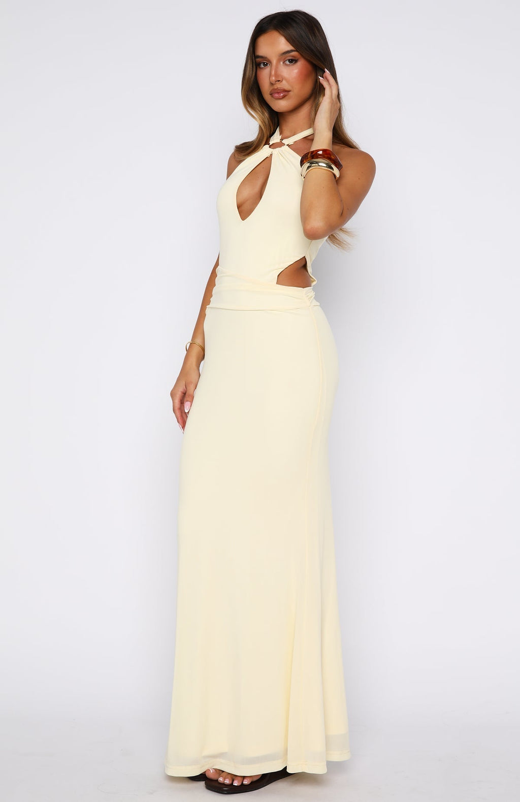 White Fox Beautiful Inside Out Halter Maxi Dress Lemon