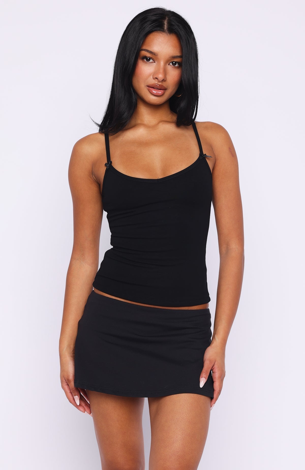 White Fox Too Cute To Care Bow Trim Cami Top Black