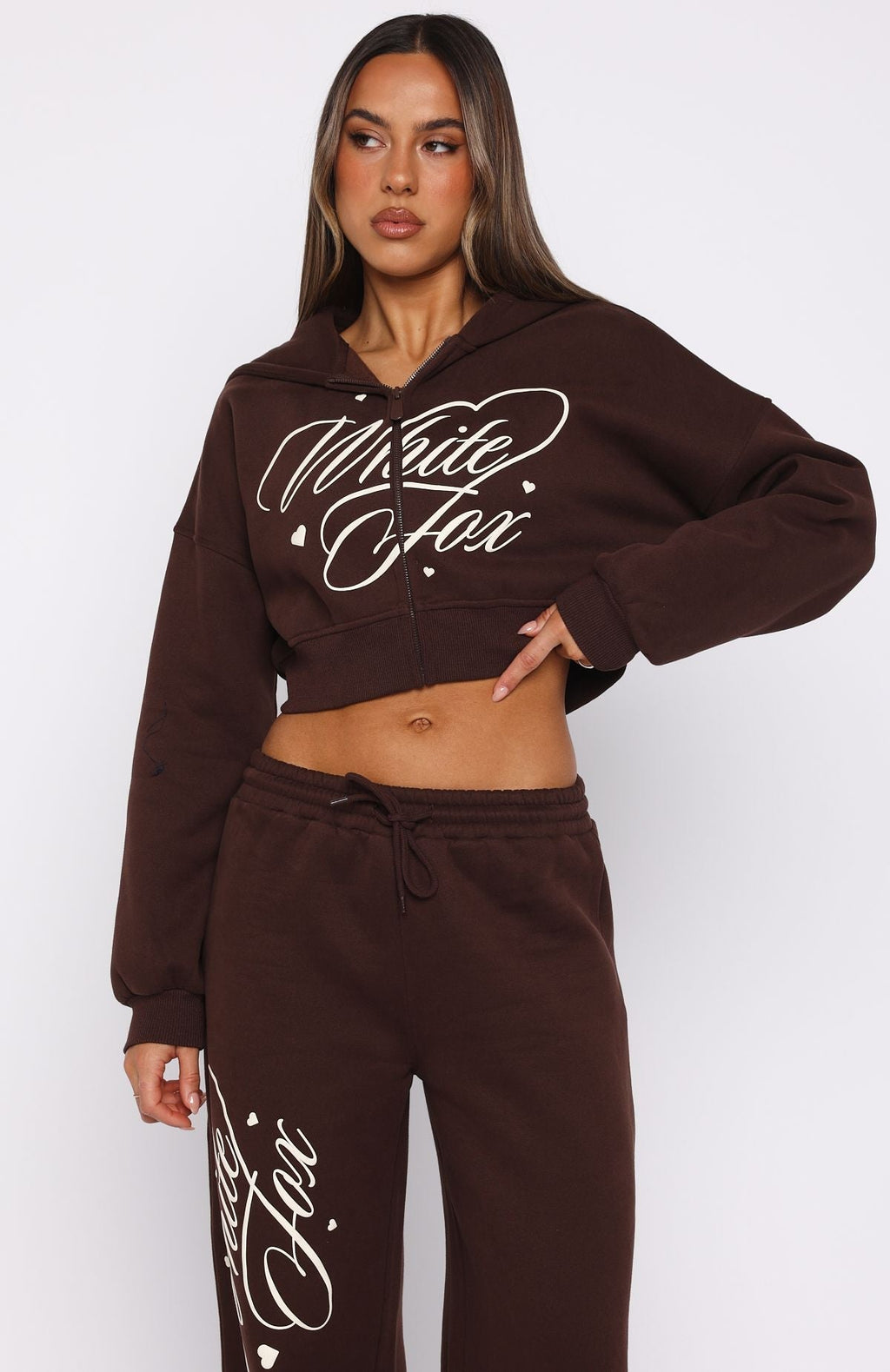 White Fox Love You Regardless Cropped Zip Front Hoodie Chocolate