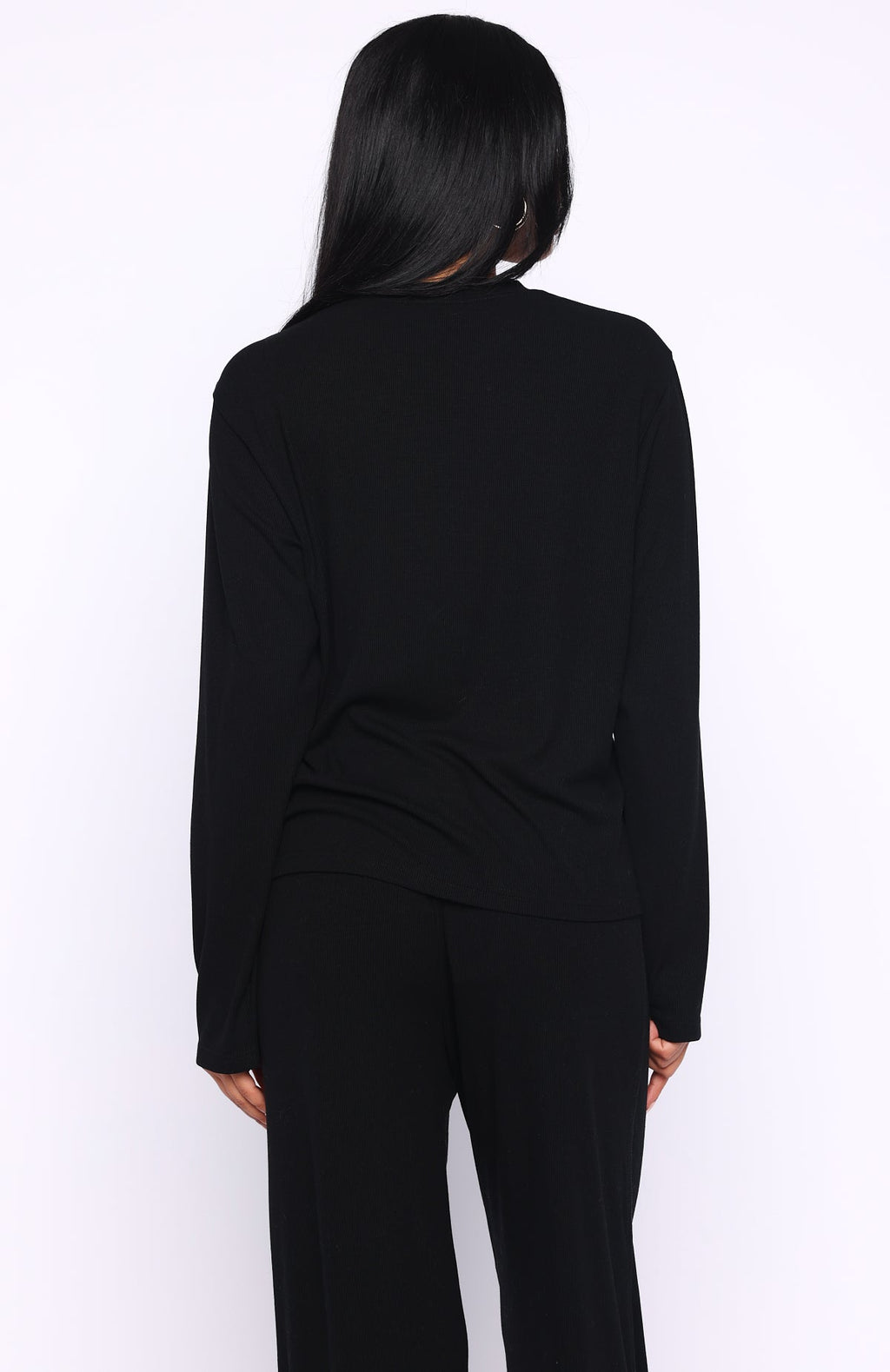 White Fox Come A Long Way Soft Lounge Long Sleeve Ribbed Tee Black