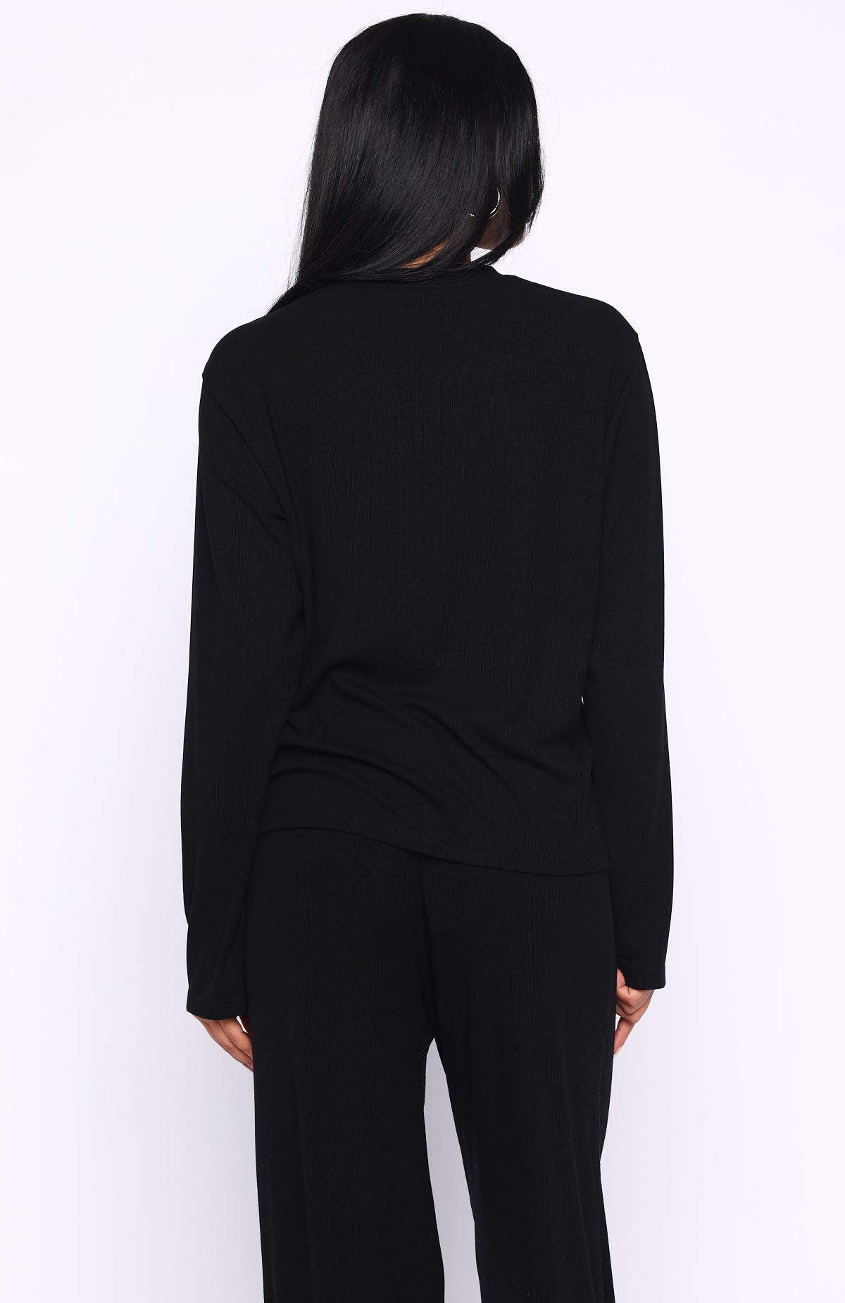 White Fox Come A Long Way Soft Lounge Long Sleeve Ribbed Tee Black
