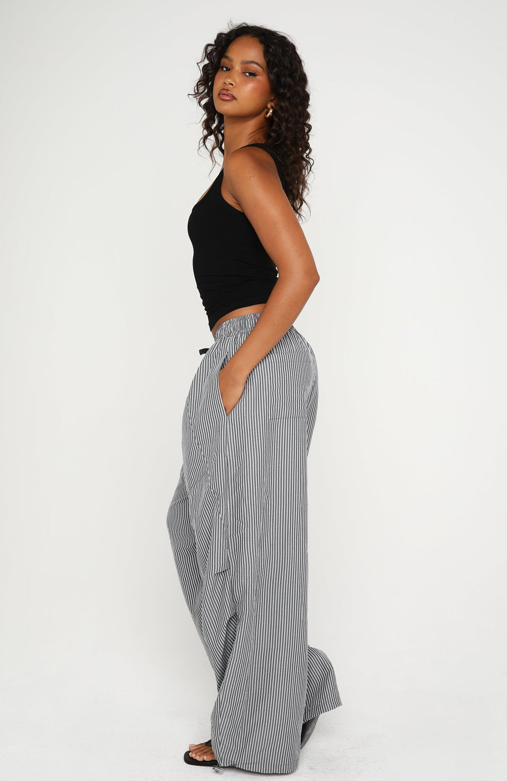 White Fox Say When Barrel Leg Pants Charcoal Stripe