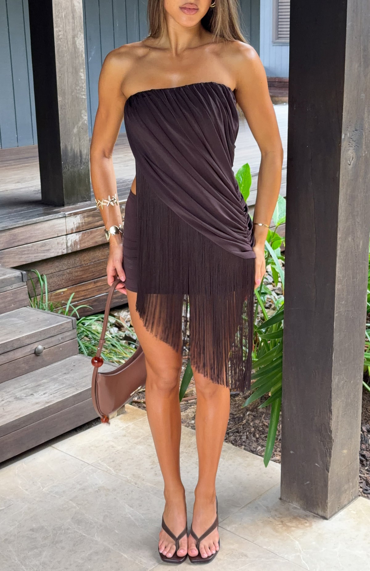 White Fox Man I Need Strapless Fringe Mini Dress Chocolate