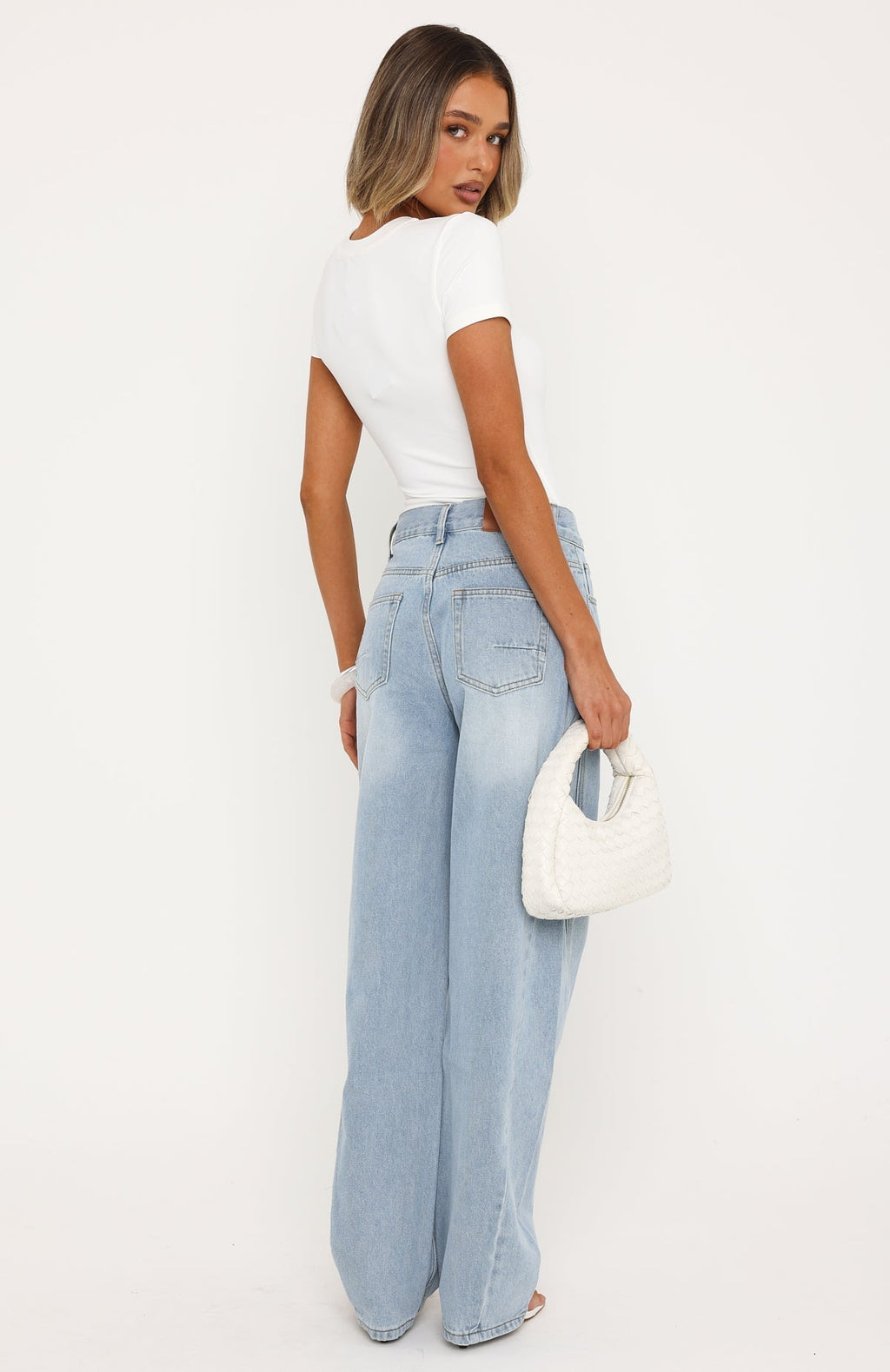 White Fox Jessica Mid Rise Barrel Leg Jeans Light Blue Wash