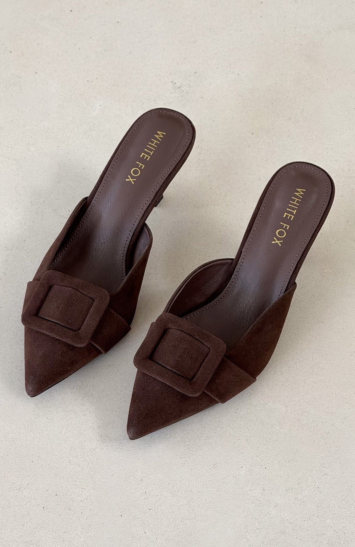 White Fox Domino Heels Chocolate Faux Suede
