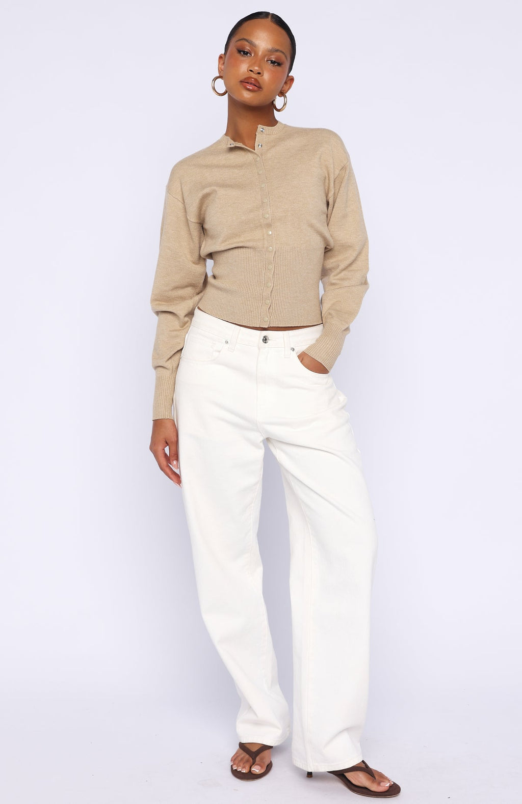 White Fox Cindy Cinched Knit Top Beige