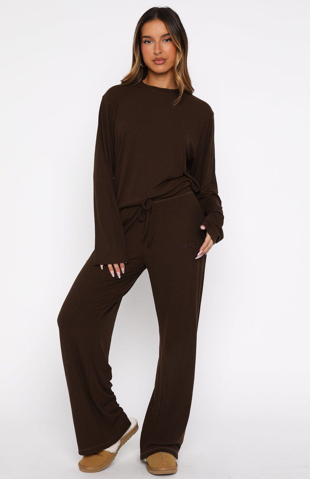 White Fox Come A Long Way Soft Lounge Ribbed Wide Leg Pants Chocolate