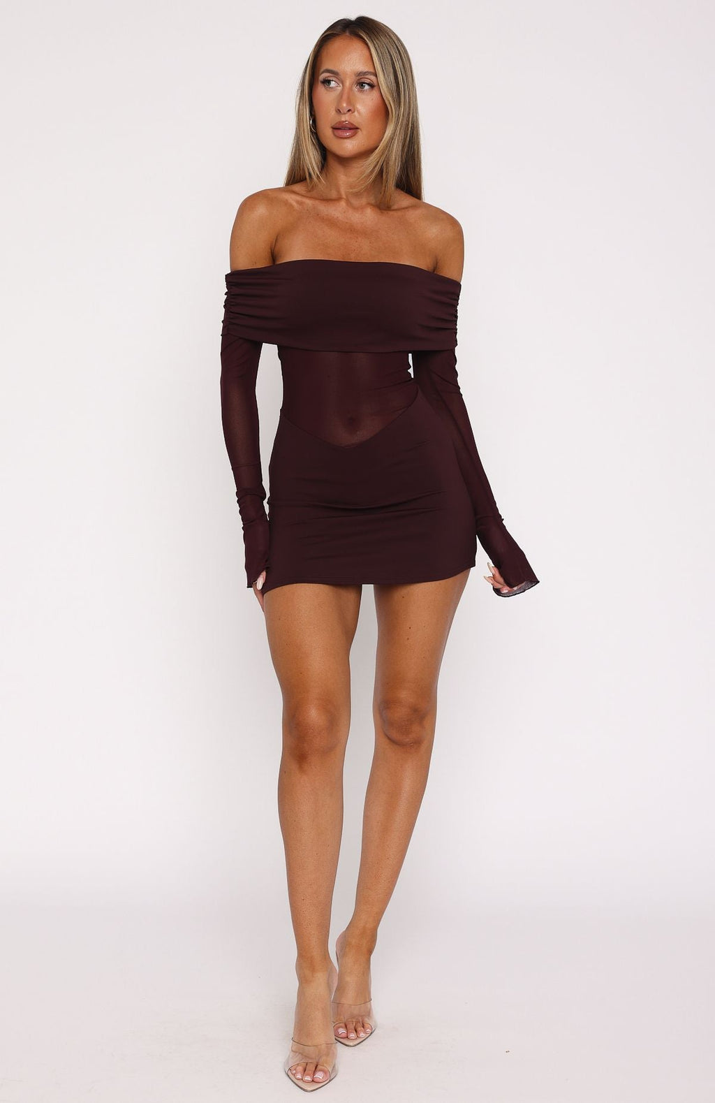 White Fox Own Your Story Long Sleeve Mini Dress Burgundy