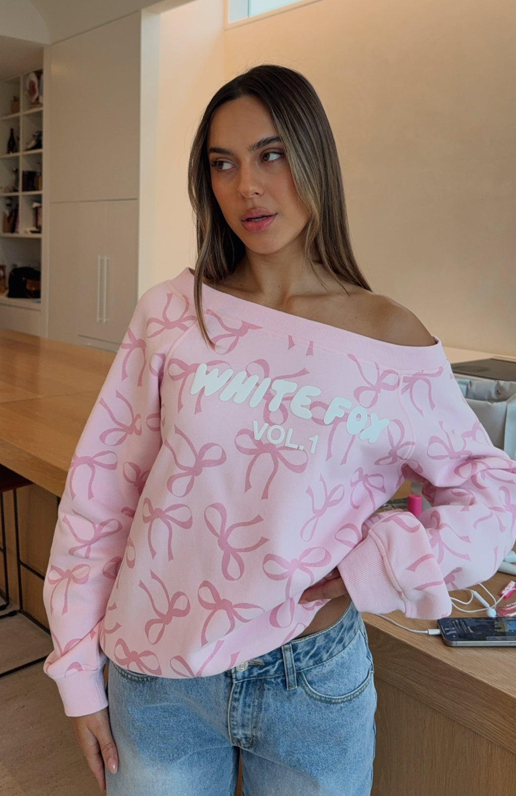 White Fox Vol. 1 Off Shoulder Printed Sweater Posy Bow