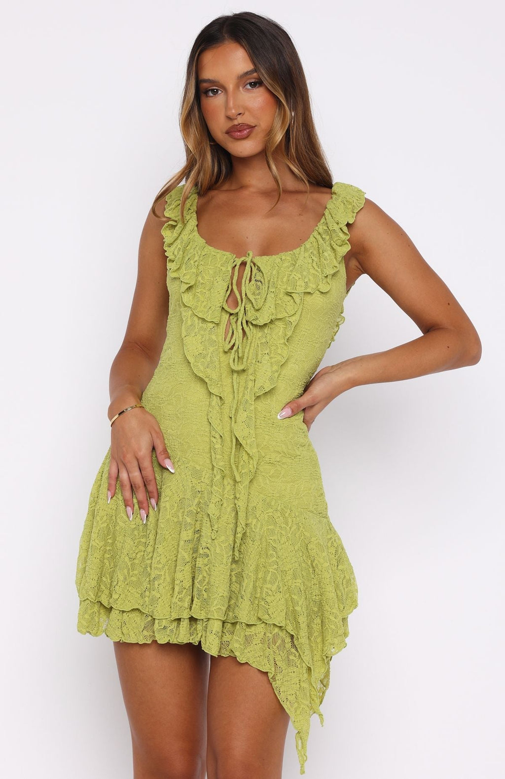 White Fox Always Us Lace Mini Dress Chartreuse