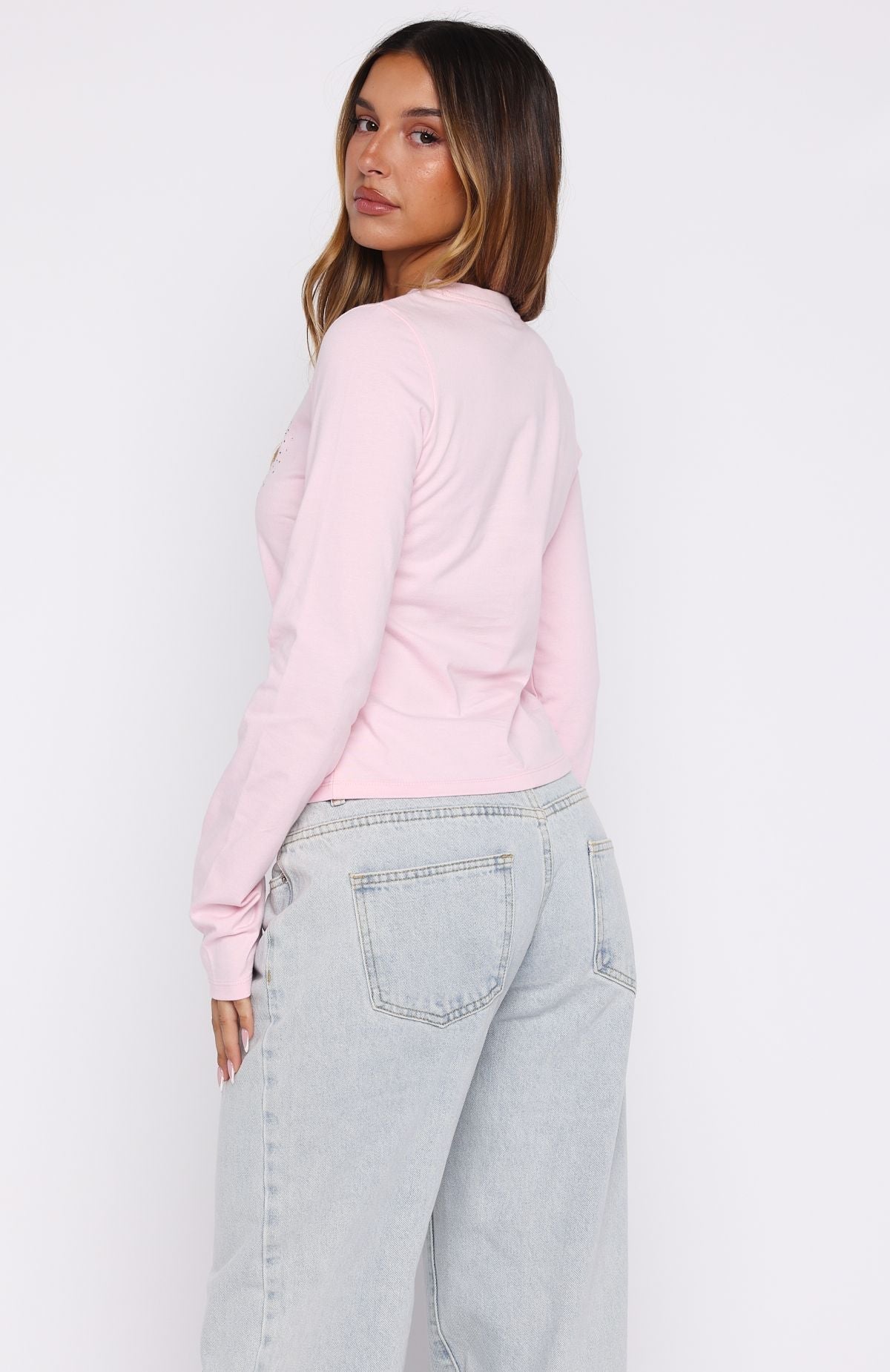 White Fox Let's Get Going Relaxed Long Sleeve Baby Tee Pink