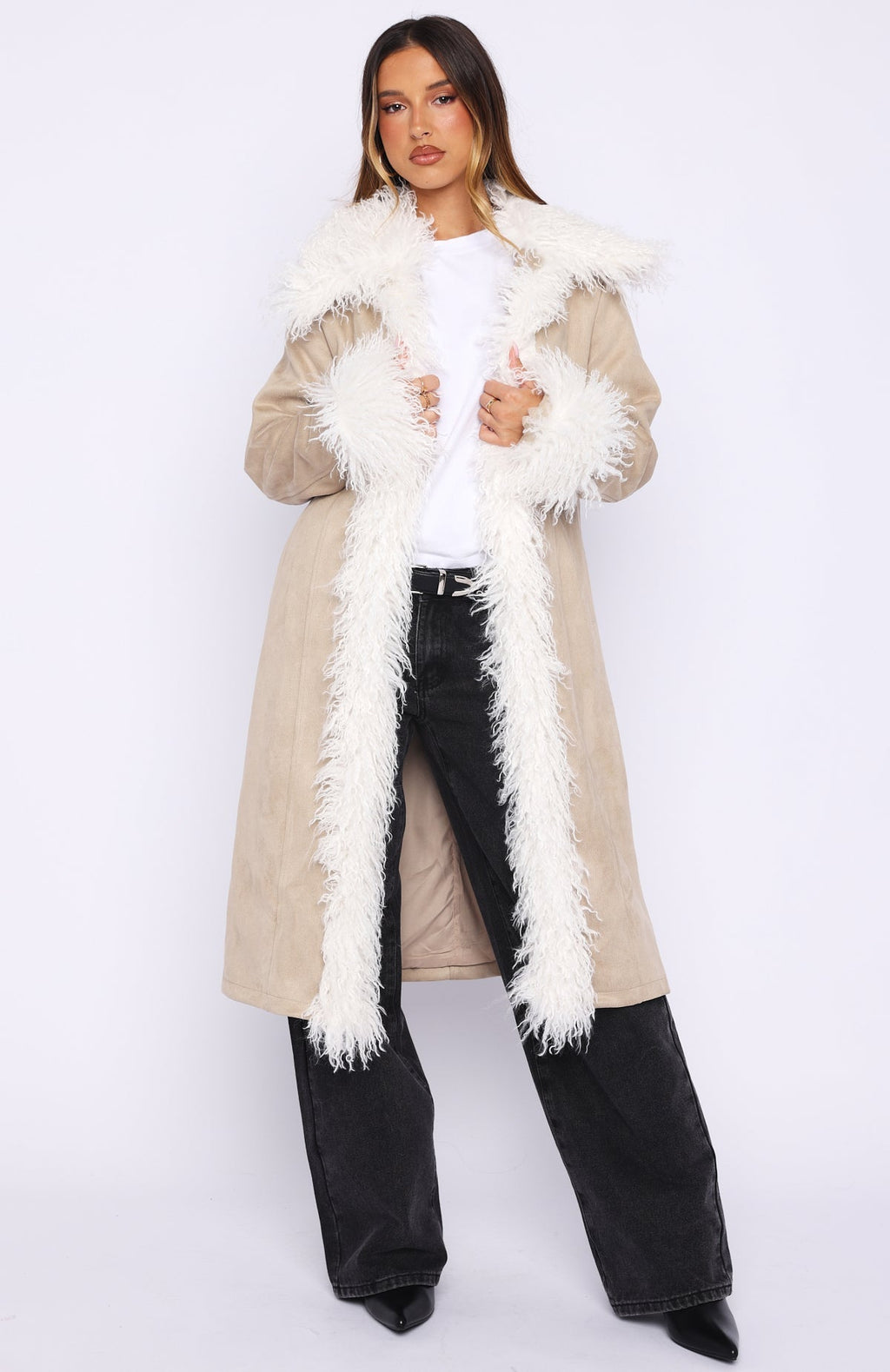 White Fox Help Me Down Coat Beige