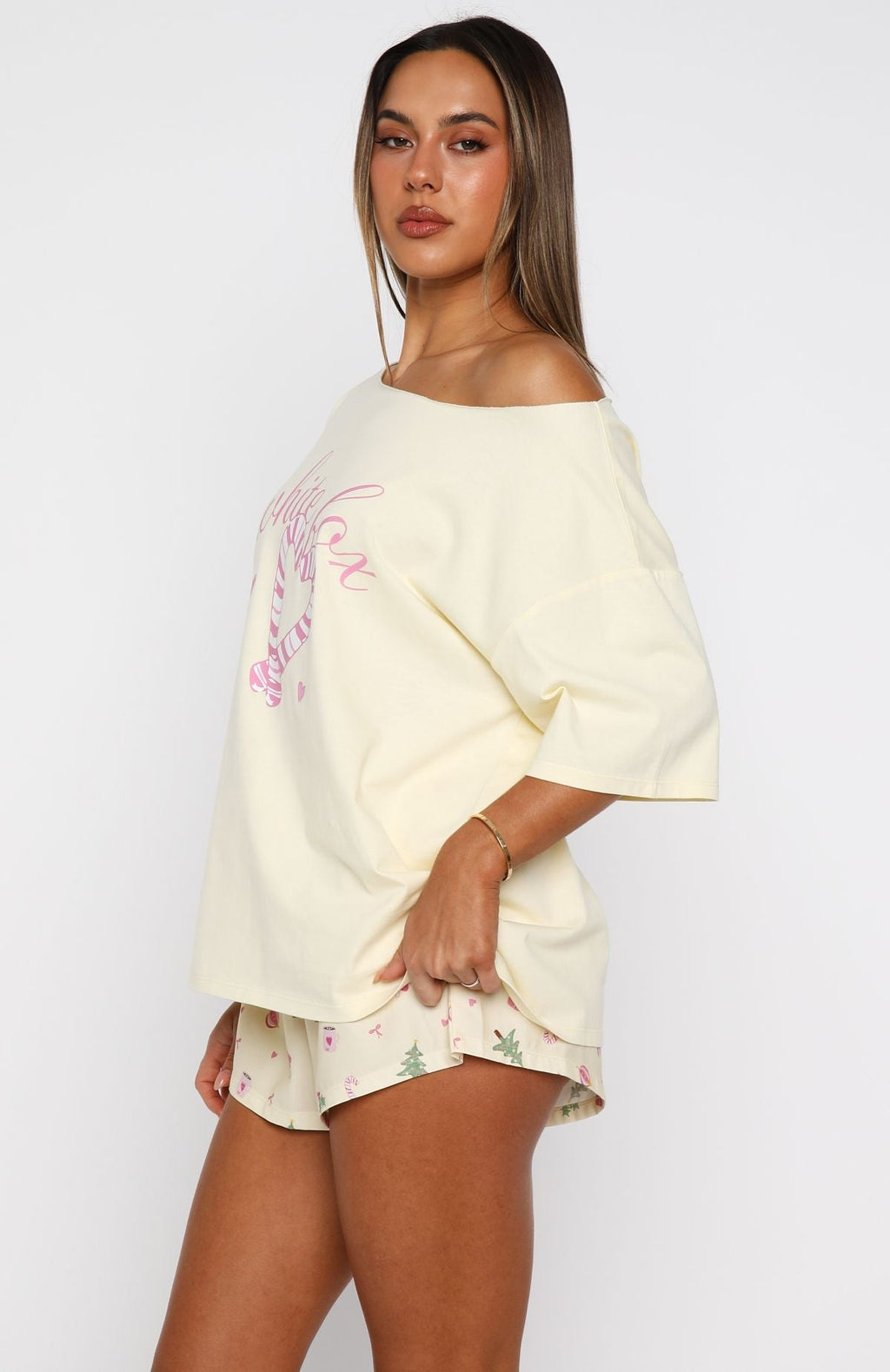 White Fox Sweetheart Pyjama Off Shoulder Tee Lemon