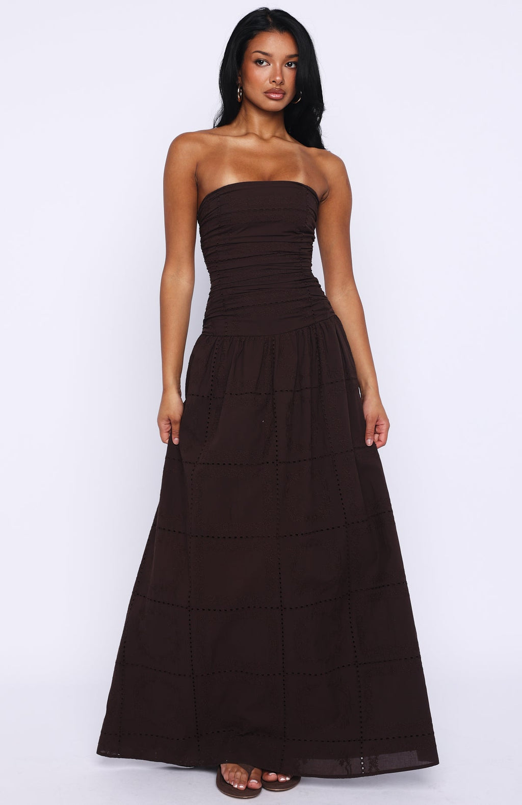 White Fox Bittersweet Babe Strapless Broderie Maxi Dress Chocolate