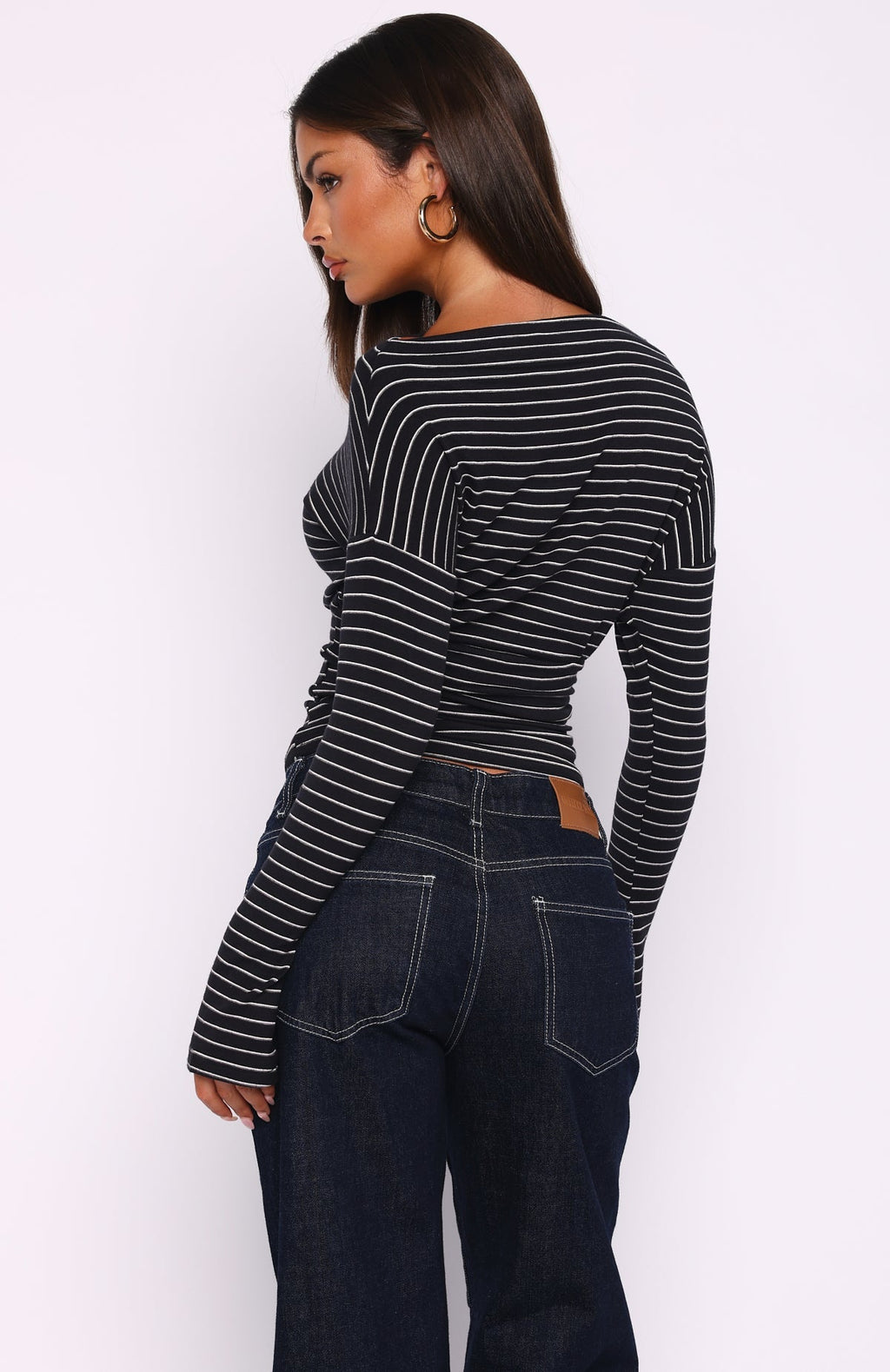 White Fox Another Time Cinched Waist Long Sleeve Top Black Stripe