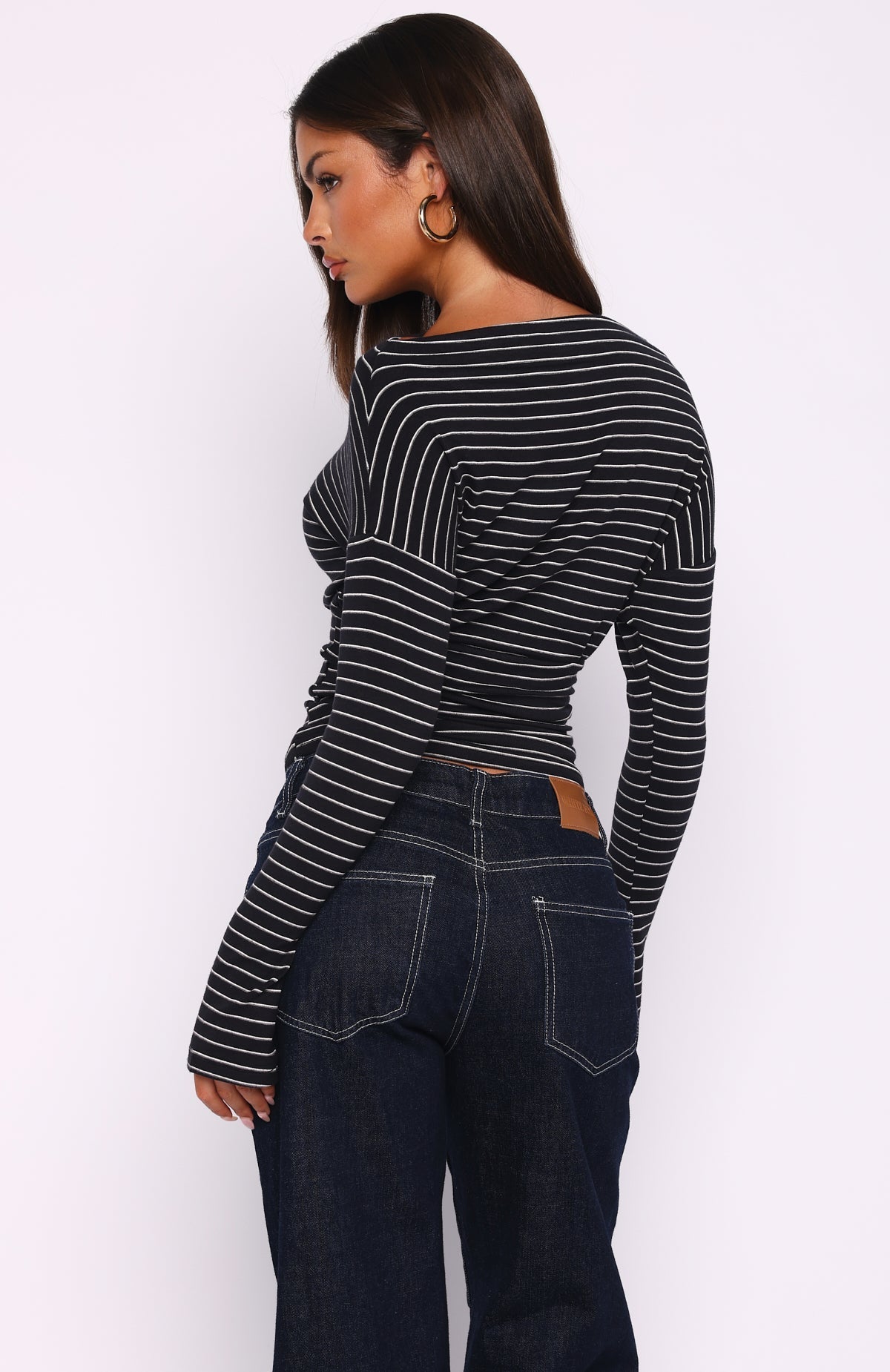 White Fox Another Time Cinched Waist Long Sleeve Top Black Stripe