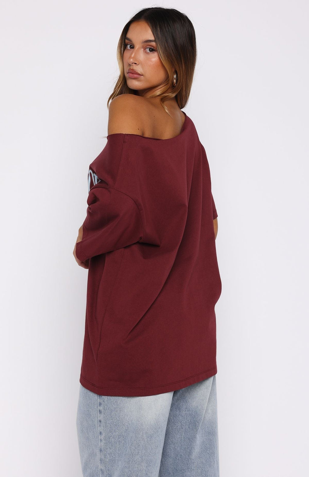 White Fox Everything In Time Off Shoulder Oversized Tee Burgundy