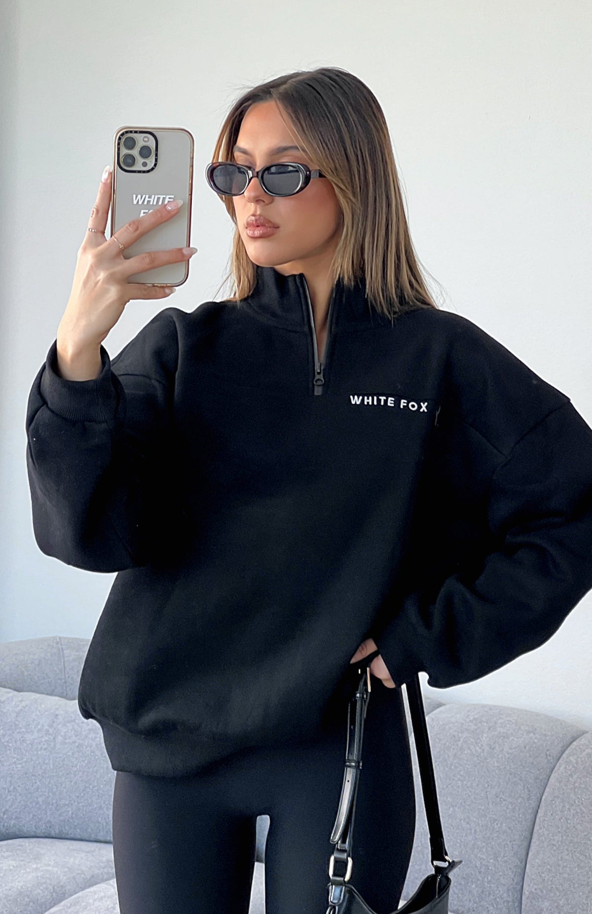 White Fox Where Did You Go Zip Front Sweater Black