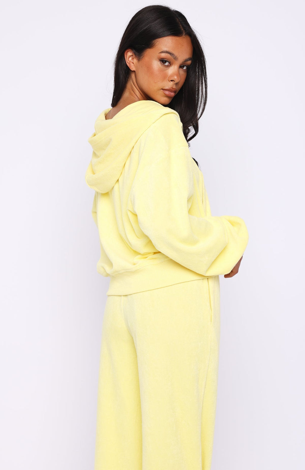 White Fox Causing Commotion Terry Boxy Zip Front Hoodie Lemon