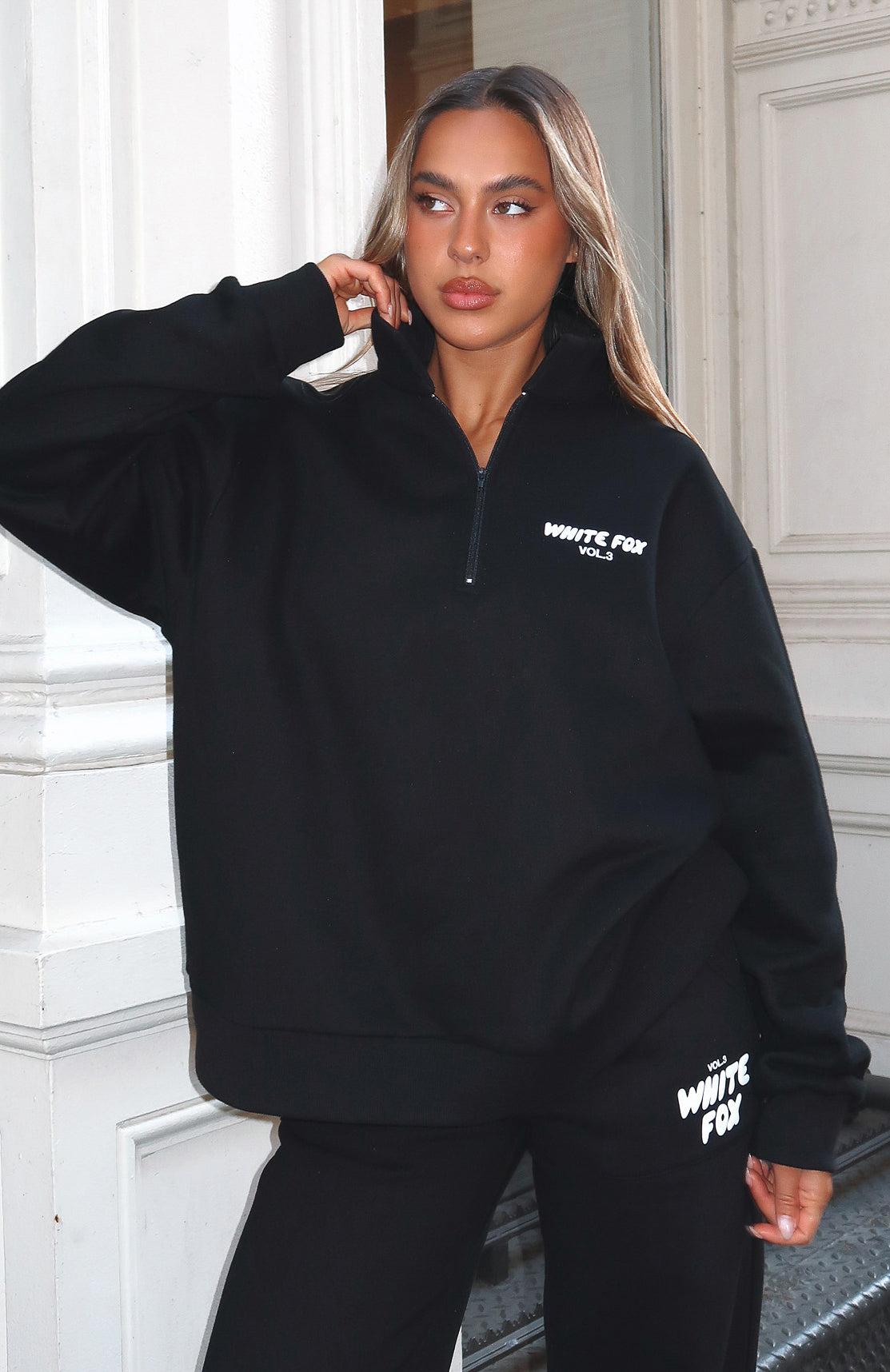 White Fox Offstage Zip Front Sweater Monochrome