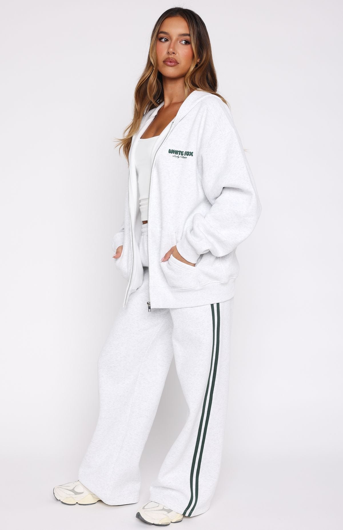 White Fox Lucky Thirteen Charise Zip Front Hoodie Grey Marle