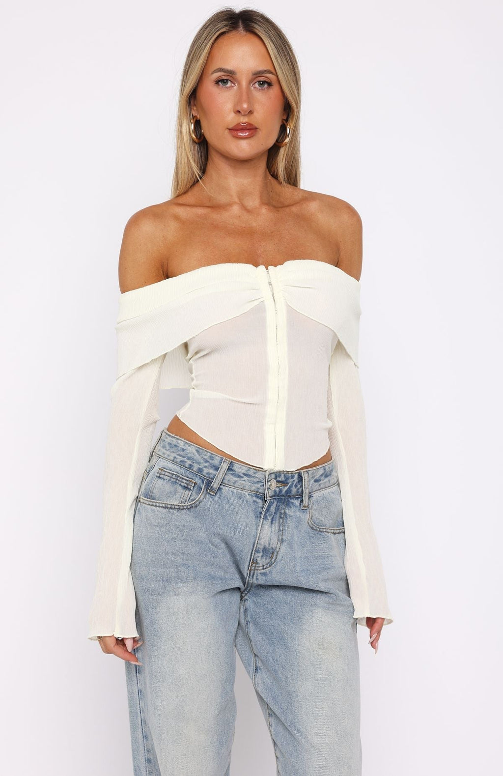 White Fox Mood Forever Long Sleeve Off Shoulder Top Cream