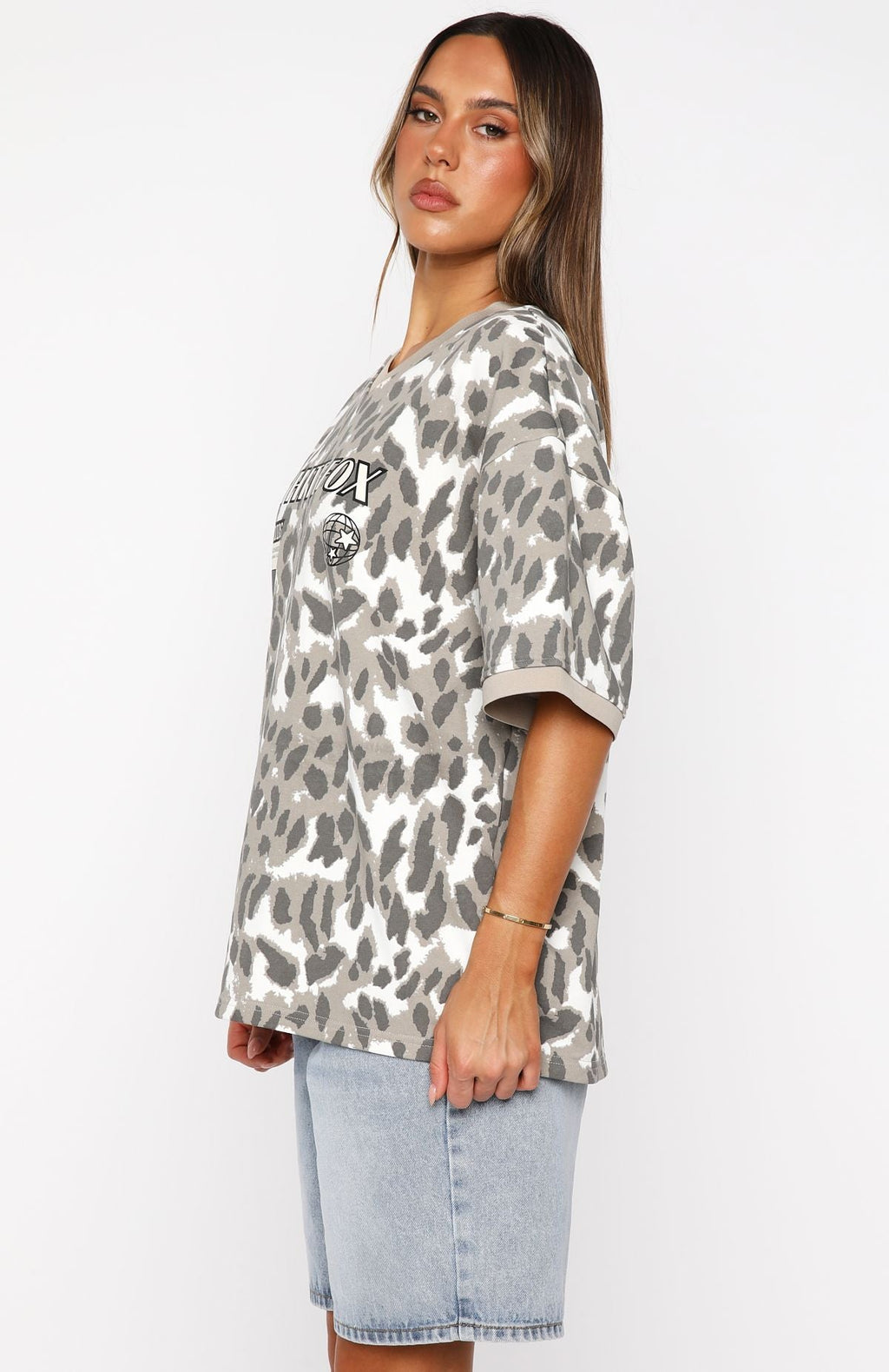 White Fox Let's Just Leave Oversized Jersey Washed Leopard Print