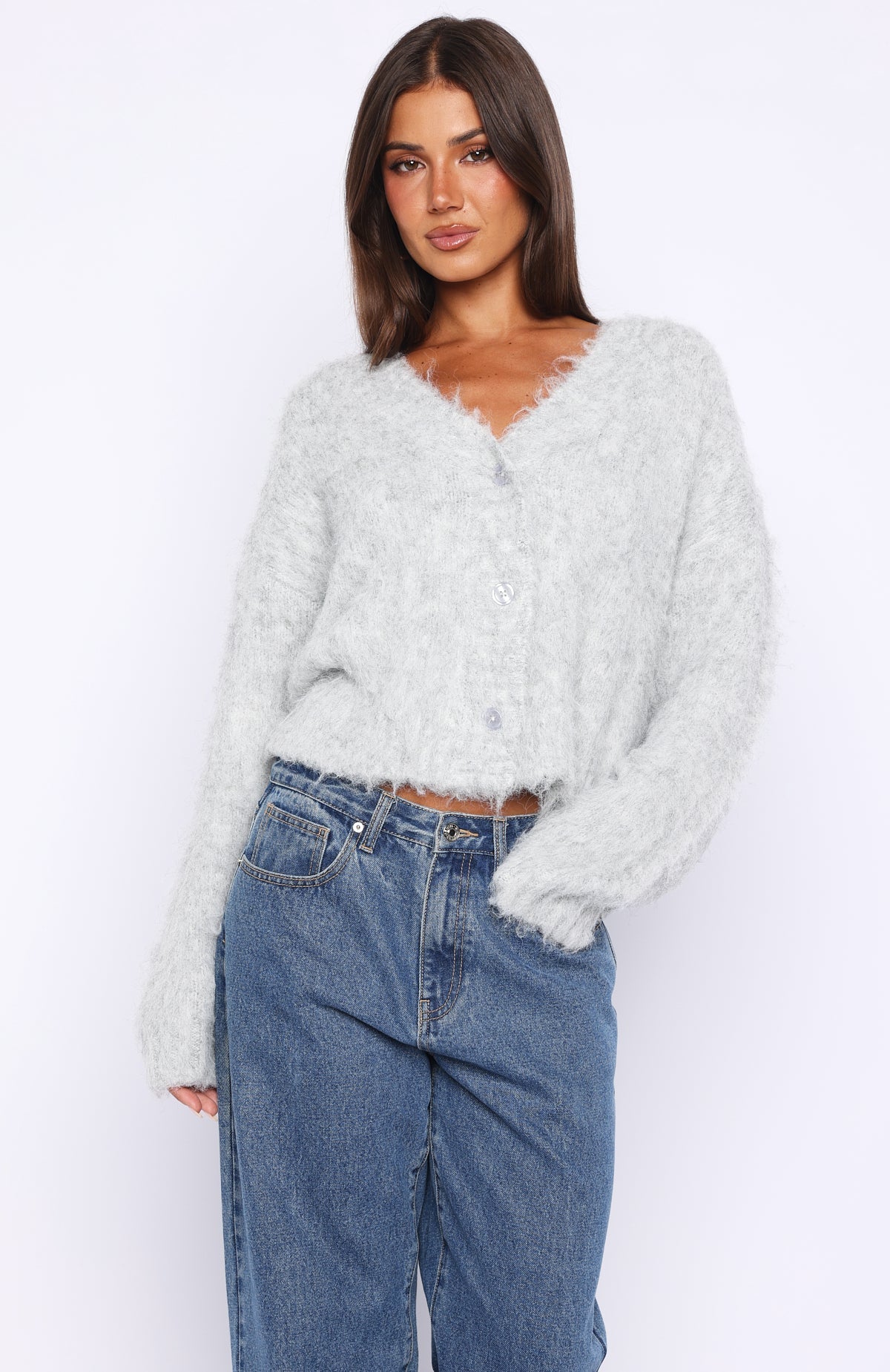 White Fox Cozy Vibes Knit Cardigan Grey Marle