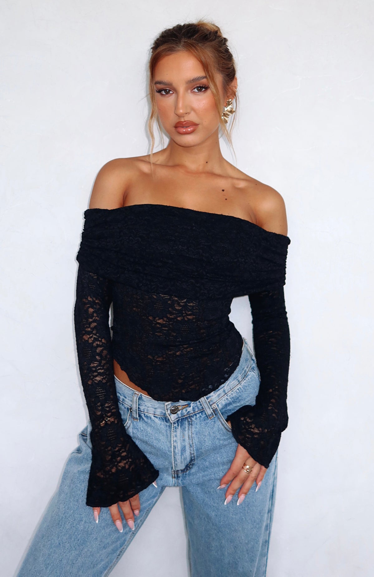 White Fox Be Good To You Lace Long Sleeve Top Black