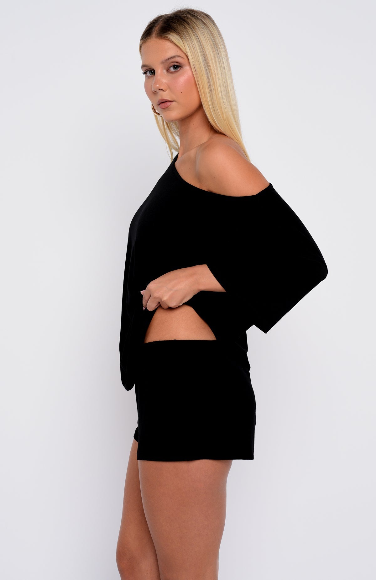 White Fox Slow Life Off Shoulder Oversized Pyjama Tee Black