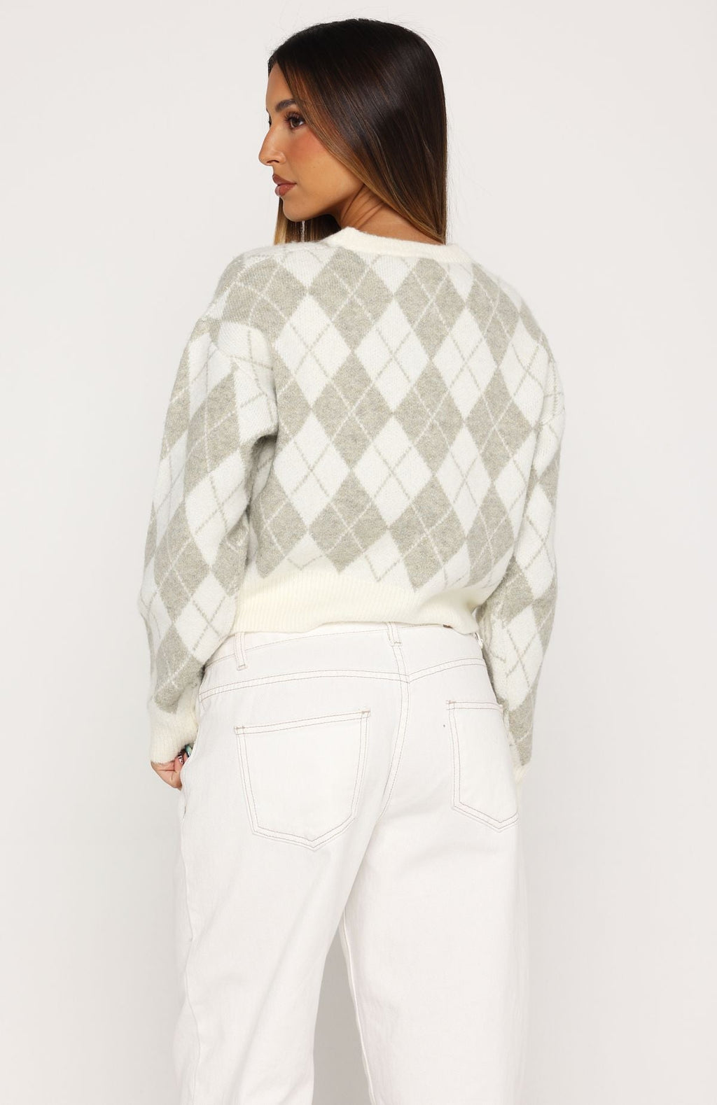 White Fox Beaufort Argyle Knit Cardigan Sage/Cream