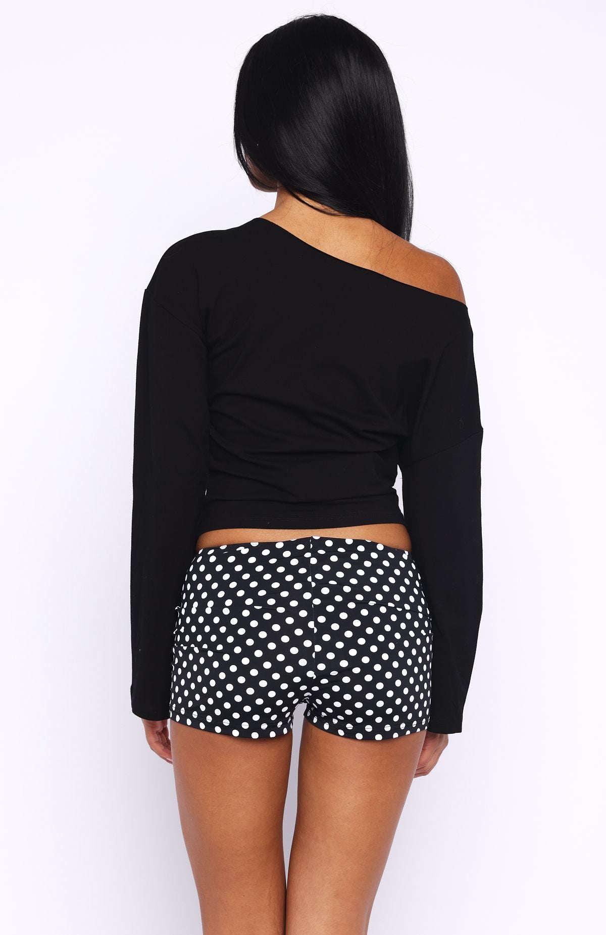 White Fox Falling For Him Cinched Waist Off Shoulder Long Sleeve Top Black