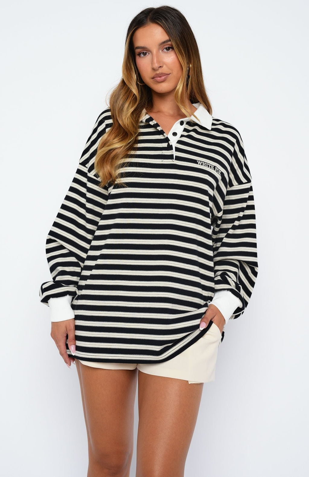 White Fox Out Again Long Sleeve Rugby Shirt Black/Grey Stripe