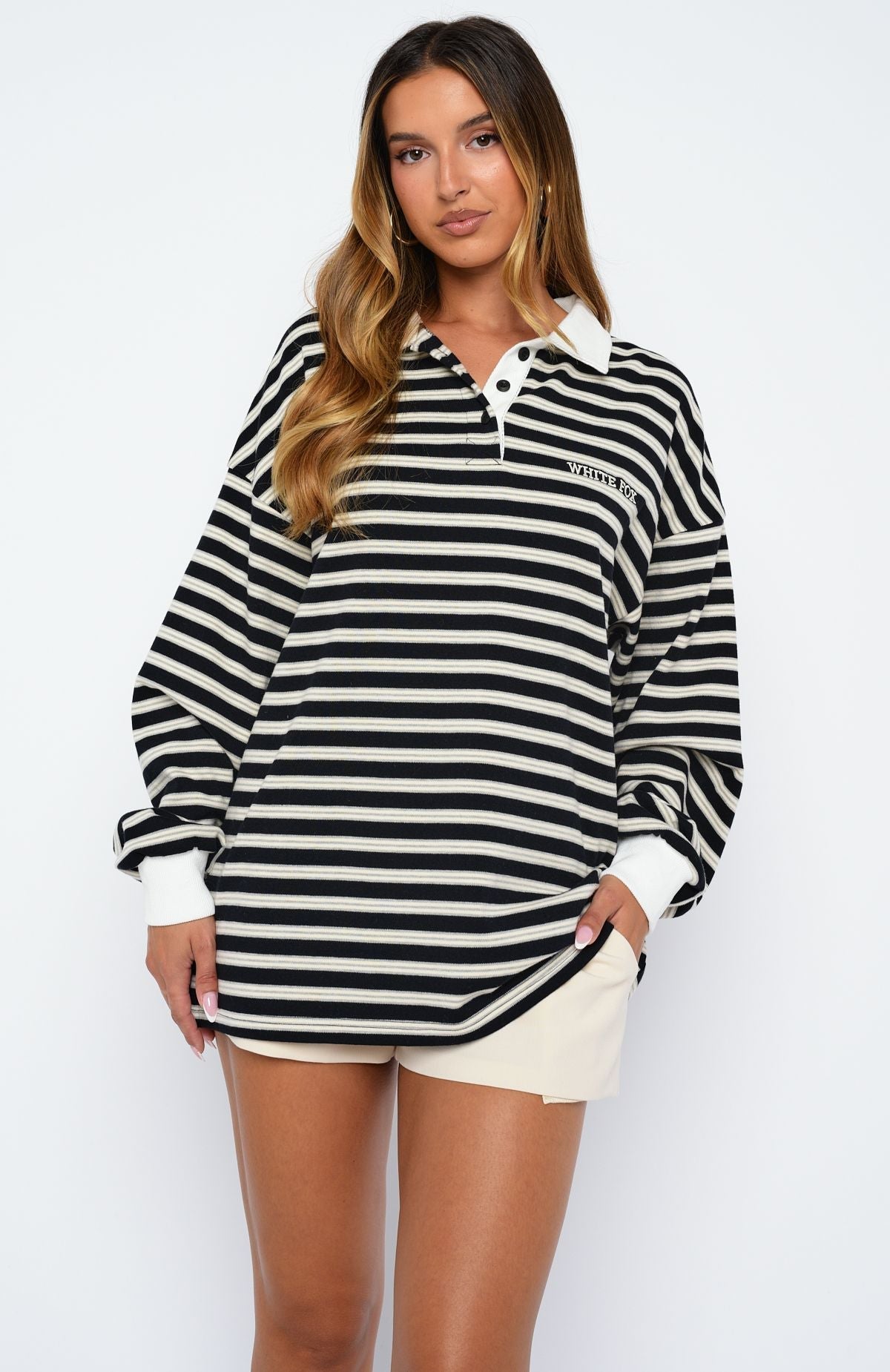 White Fox Out Again Long Sleeve Rugby Shirt Black/Grey Stripe