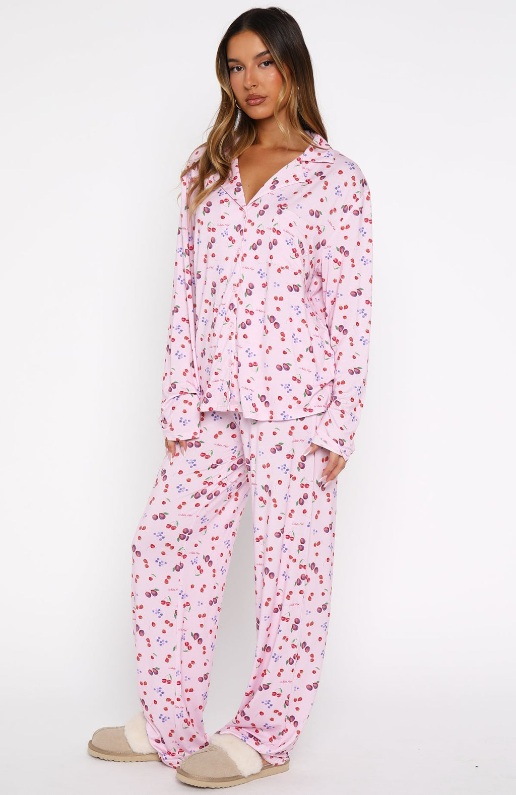 White Fox Pillow Talk Printed Long Sleeve Pyjama Set Pink Berries
