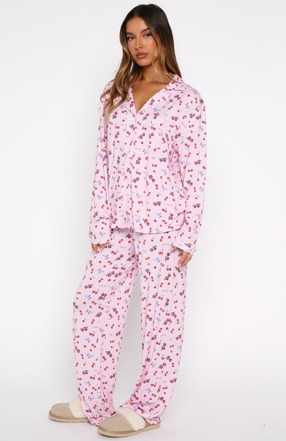 White Fox Pillow Talk Printed Long Sleeve Pyjama Set Pink Berries
