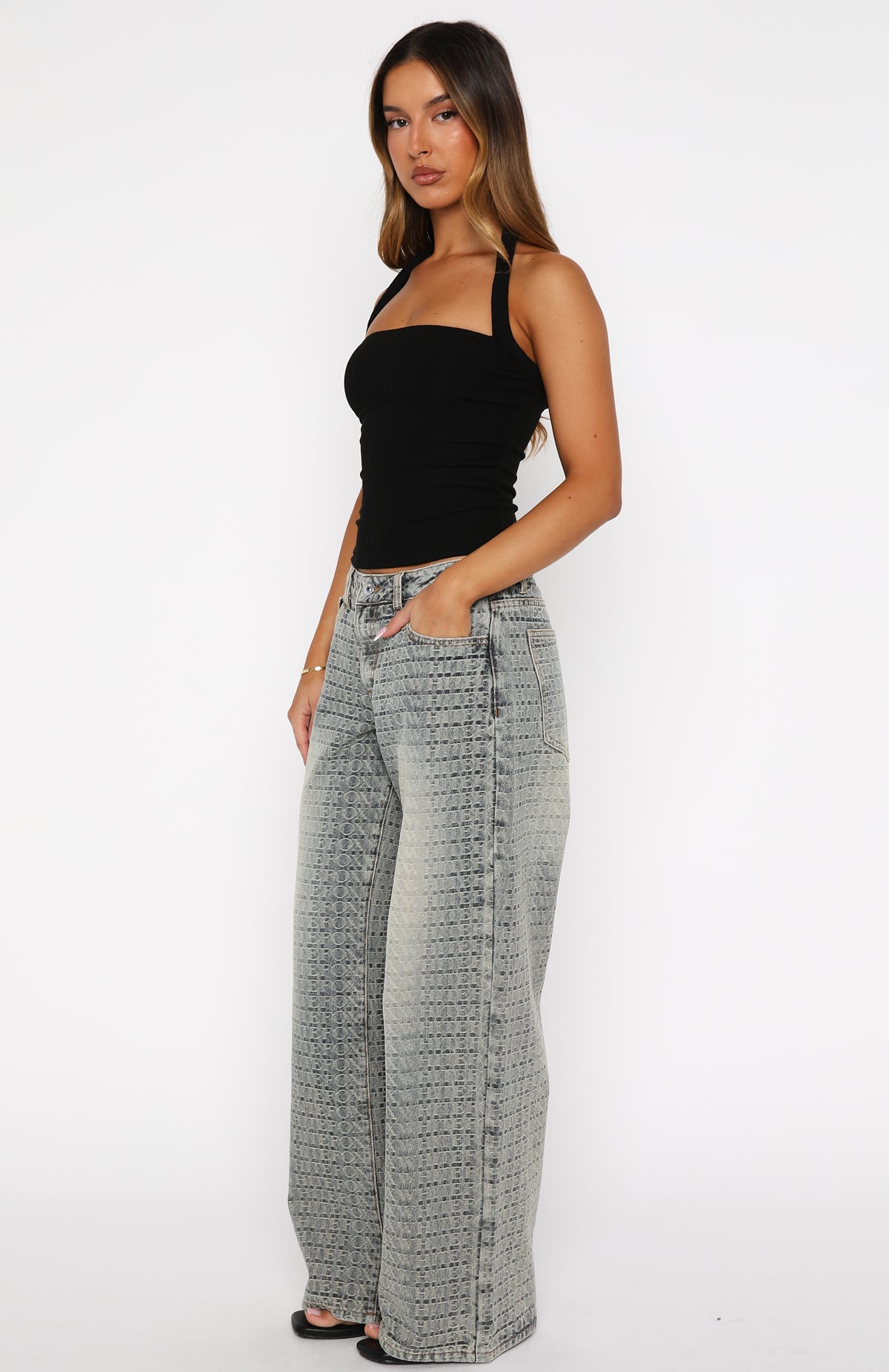 White Fox Text Me Low Rise Wide Leg Jeans Sand