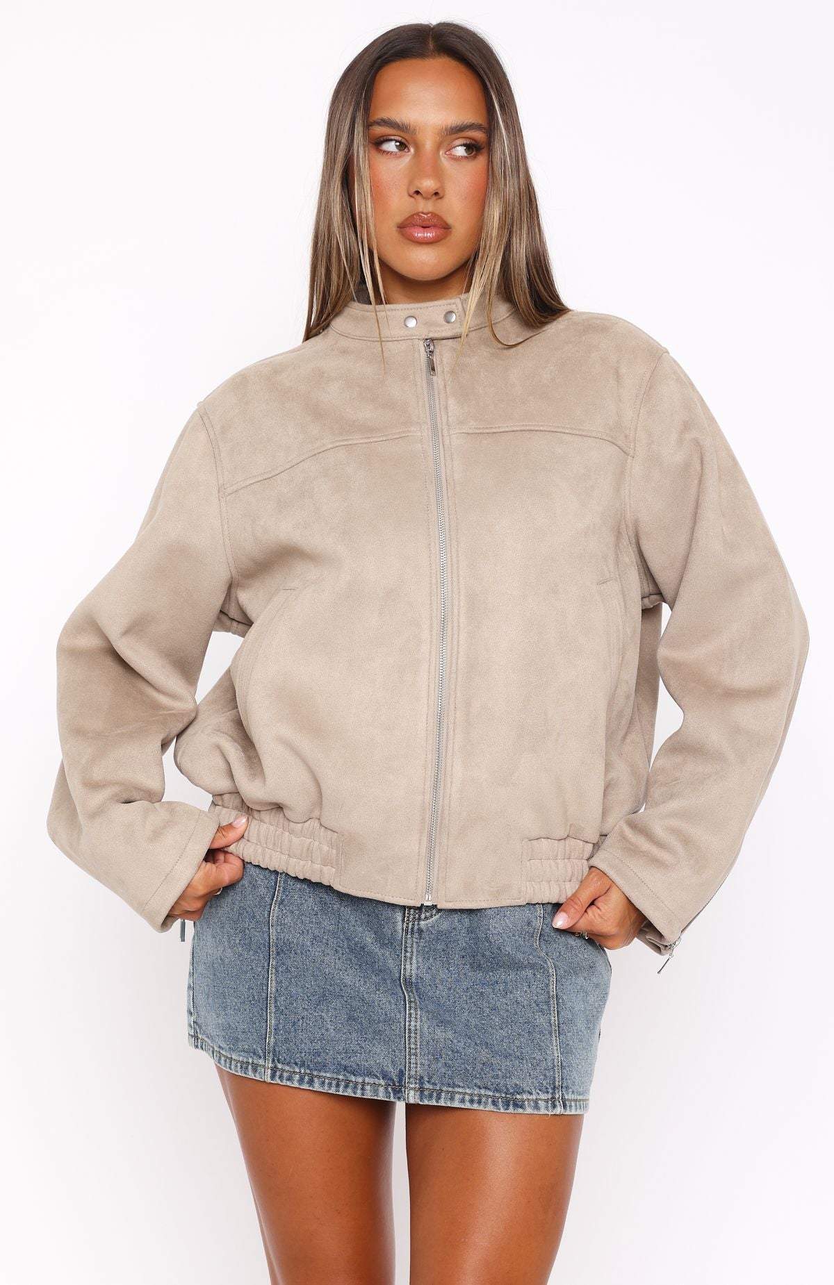 White Fox Watchin' Out Faux Suede Bomber Jacket Sand