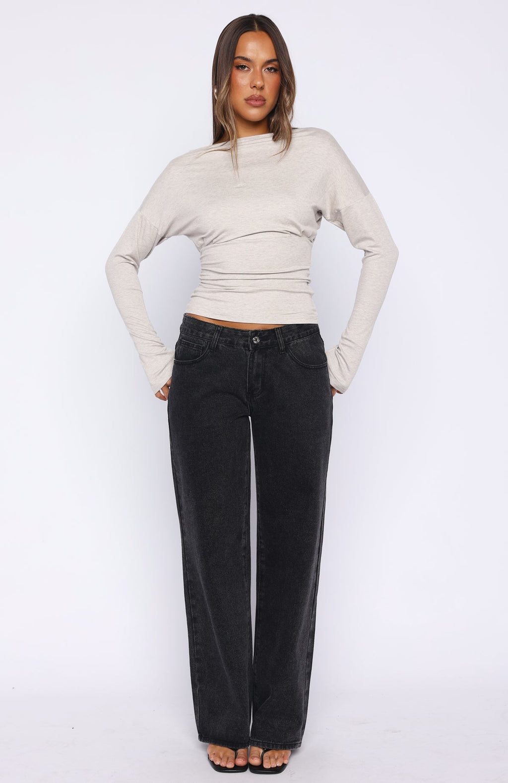 White Fox Another Time Cinched Waist Long Sleeve Top Light Grey Marle