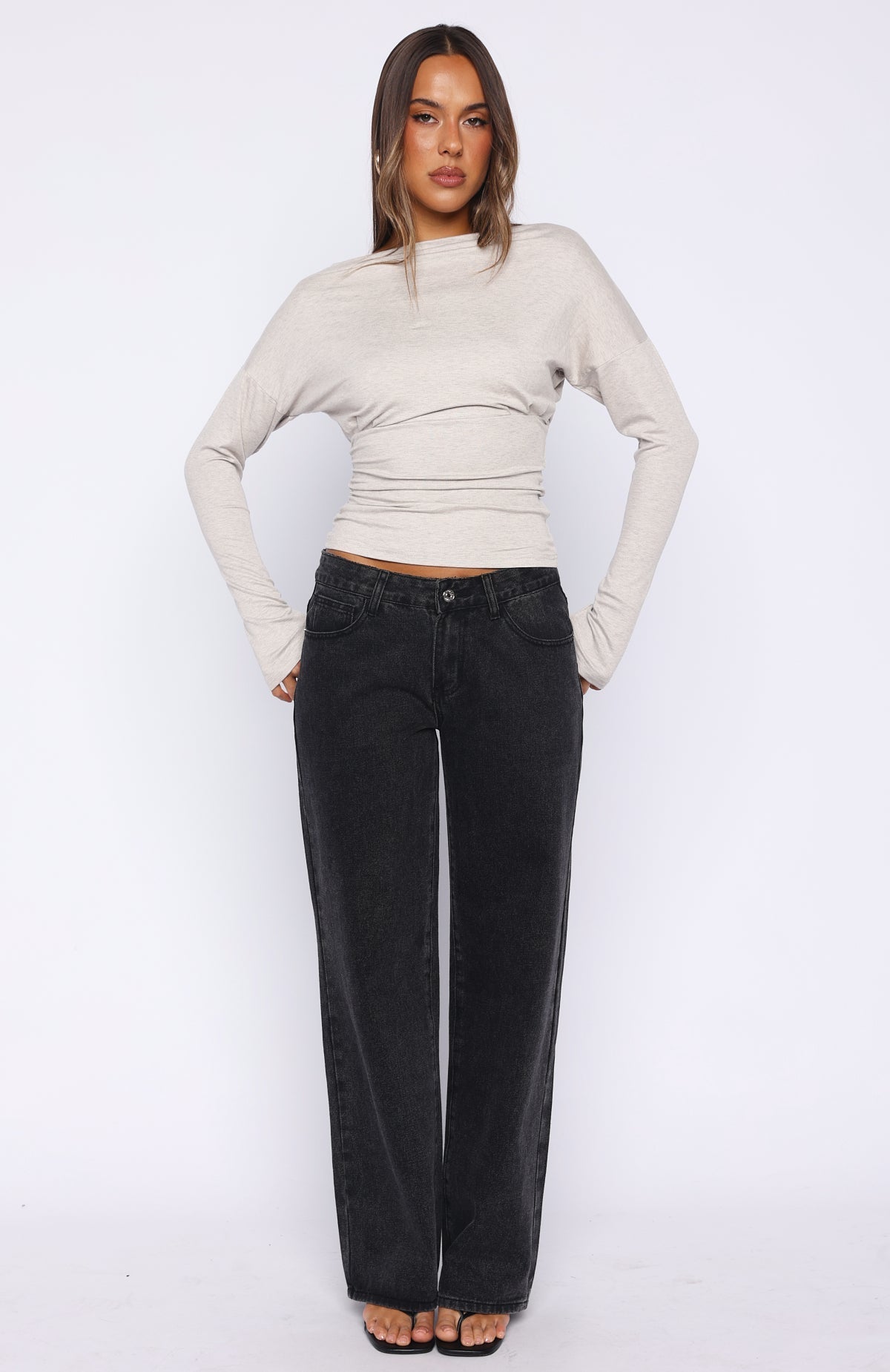 White Fox Another Time Cinched Waist Long Sleeve Top Light Grey Marle