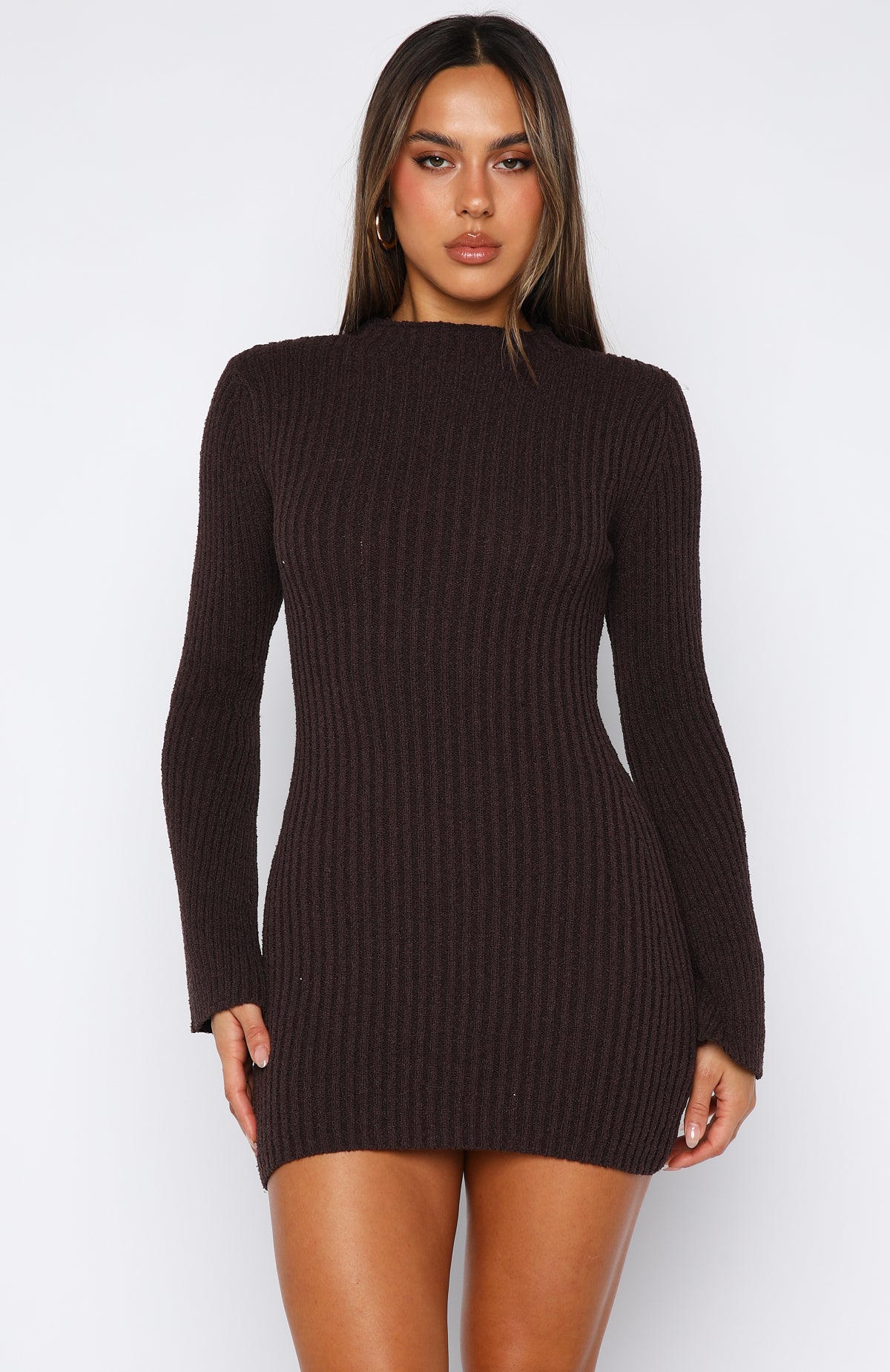 White Fox Get On Down Long Sleeve Knit Mini Dress Chocolate