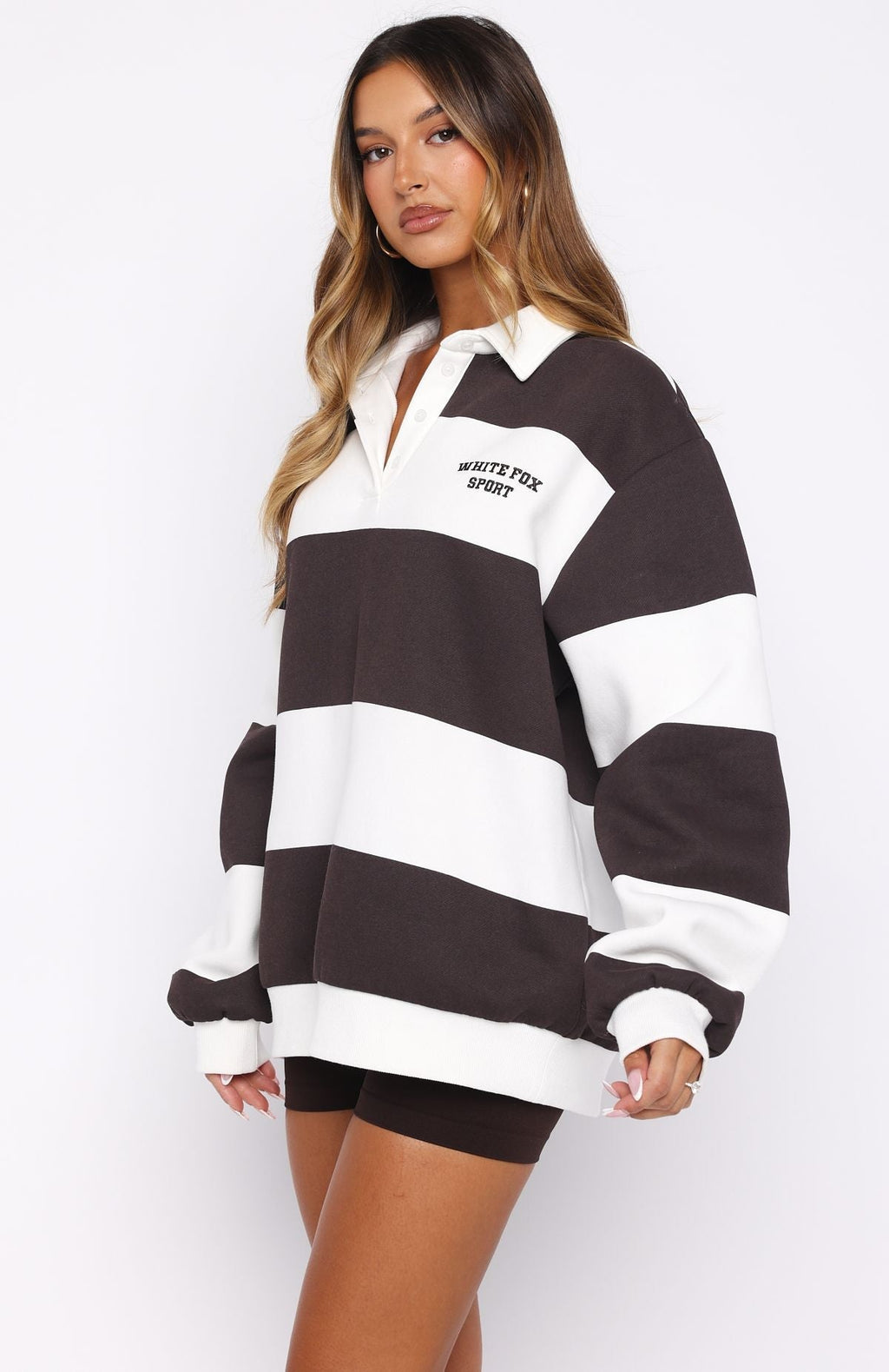 White Fox Make It Known Oversized Henley Sweater Dark Chocolate