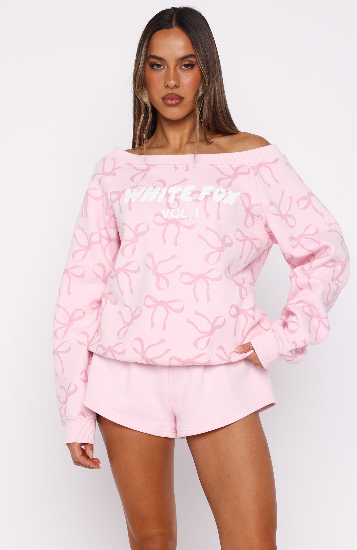 White Fox Vol. 1 Off Shoulder Printed Sweater Posy Bow