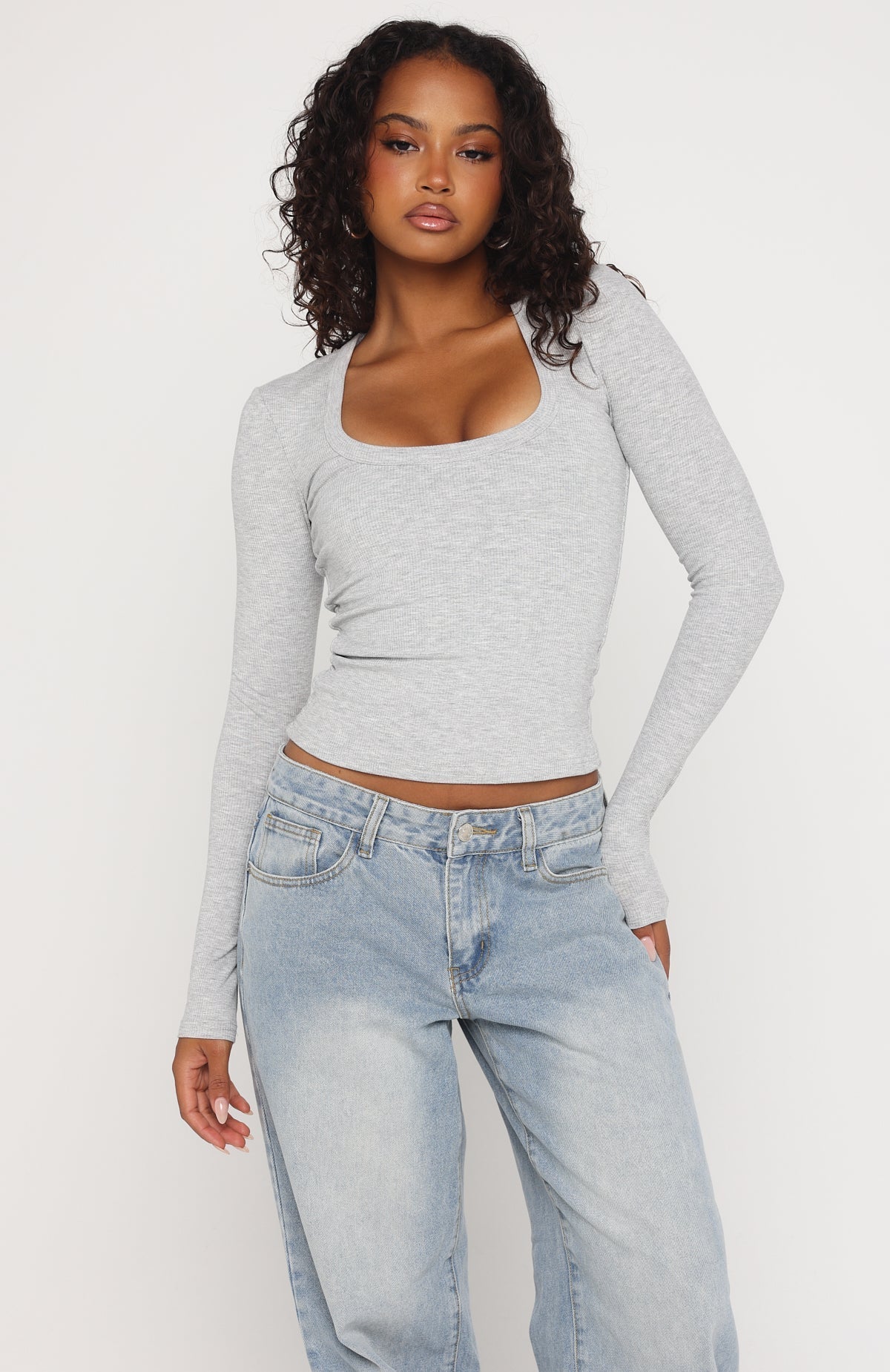 White Fox Serenade Her Ribbed Long Sleeve Top Light Grey Marle