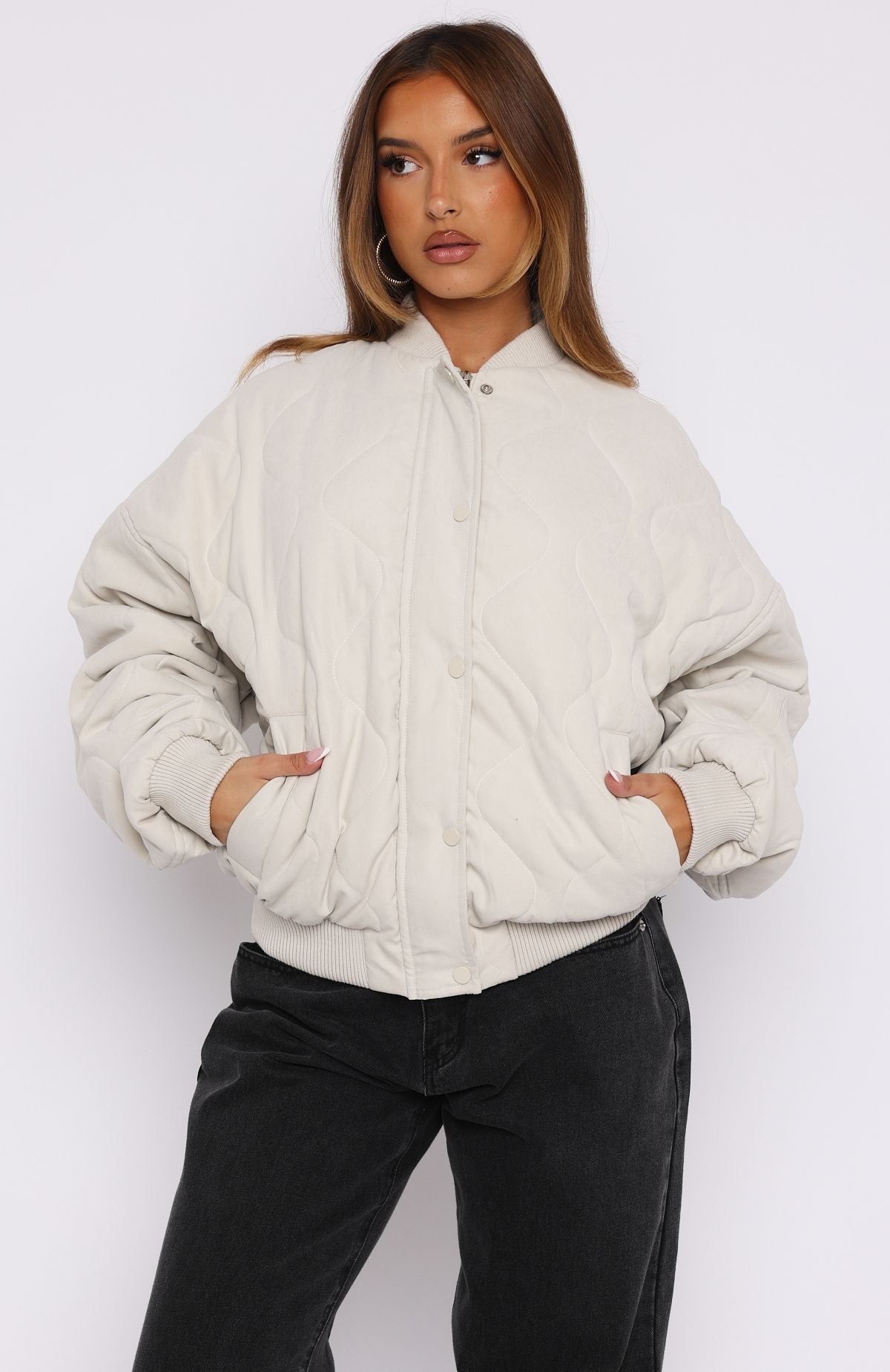 White Fox Soft Love Bomber Jacket Beige