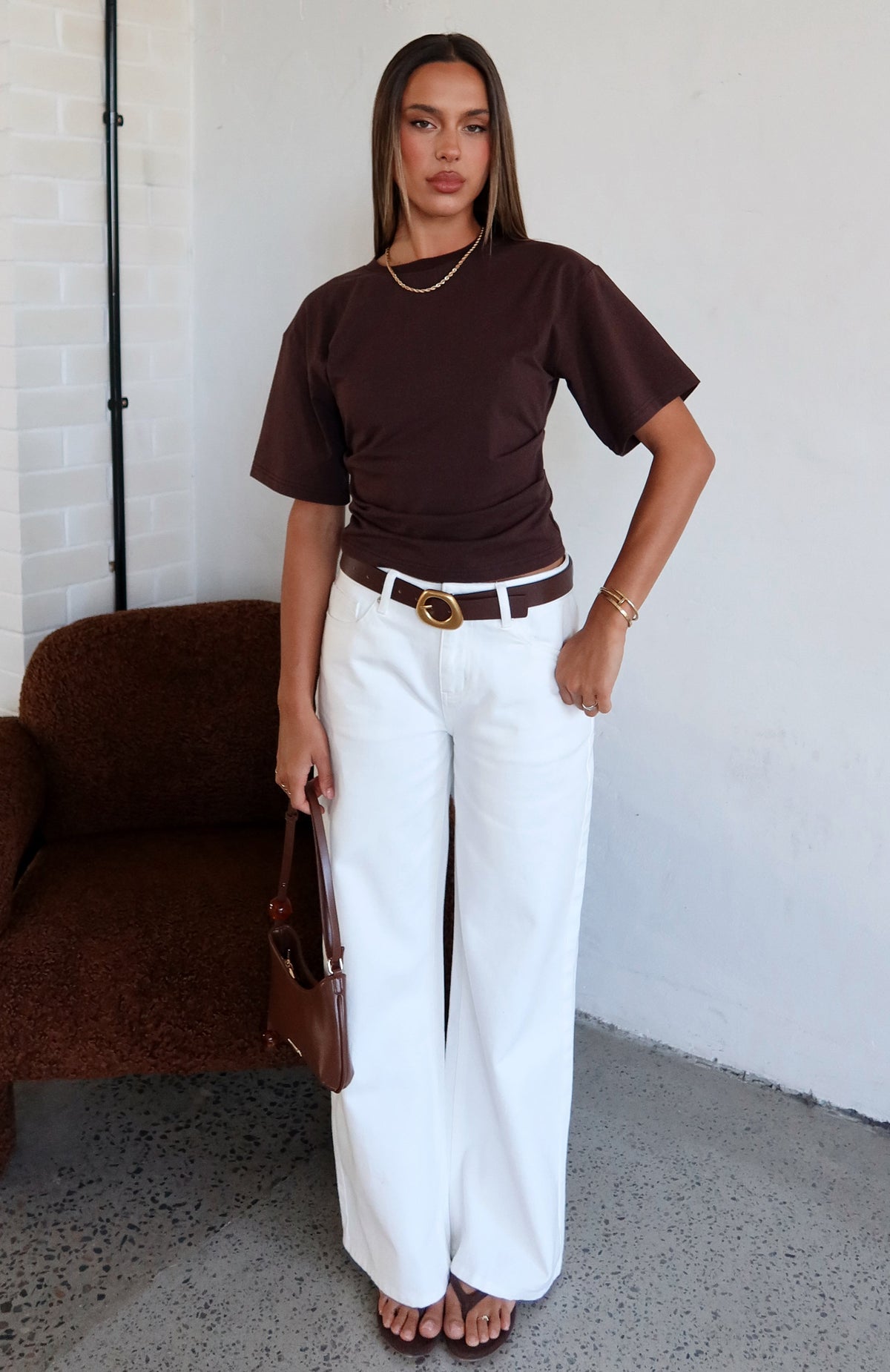 White Fox Destination Unknown Cinched Waist Boxy Tee Chocolate