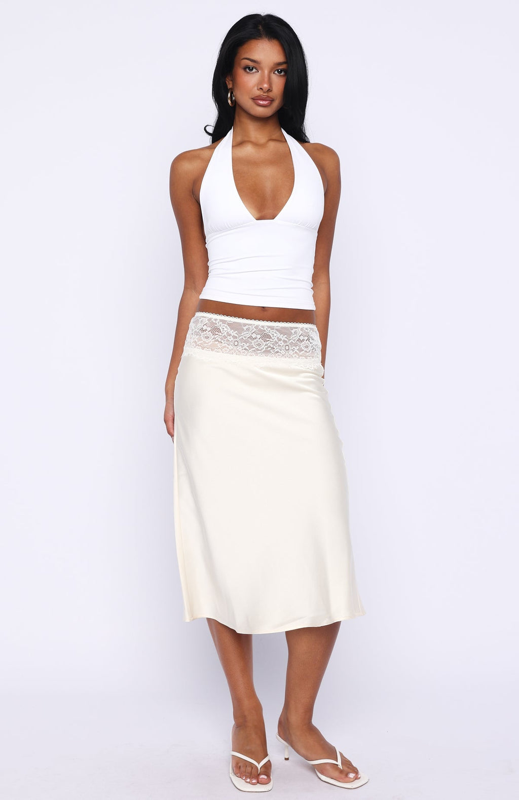 White Fox For A Long Time Lace Trim Midi Skirt Cream